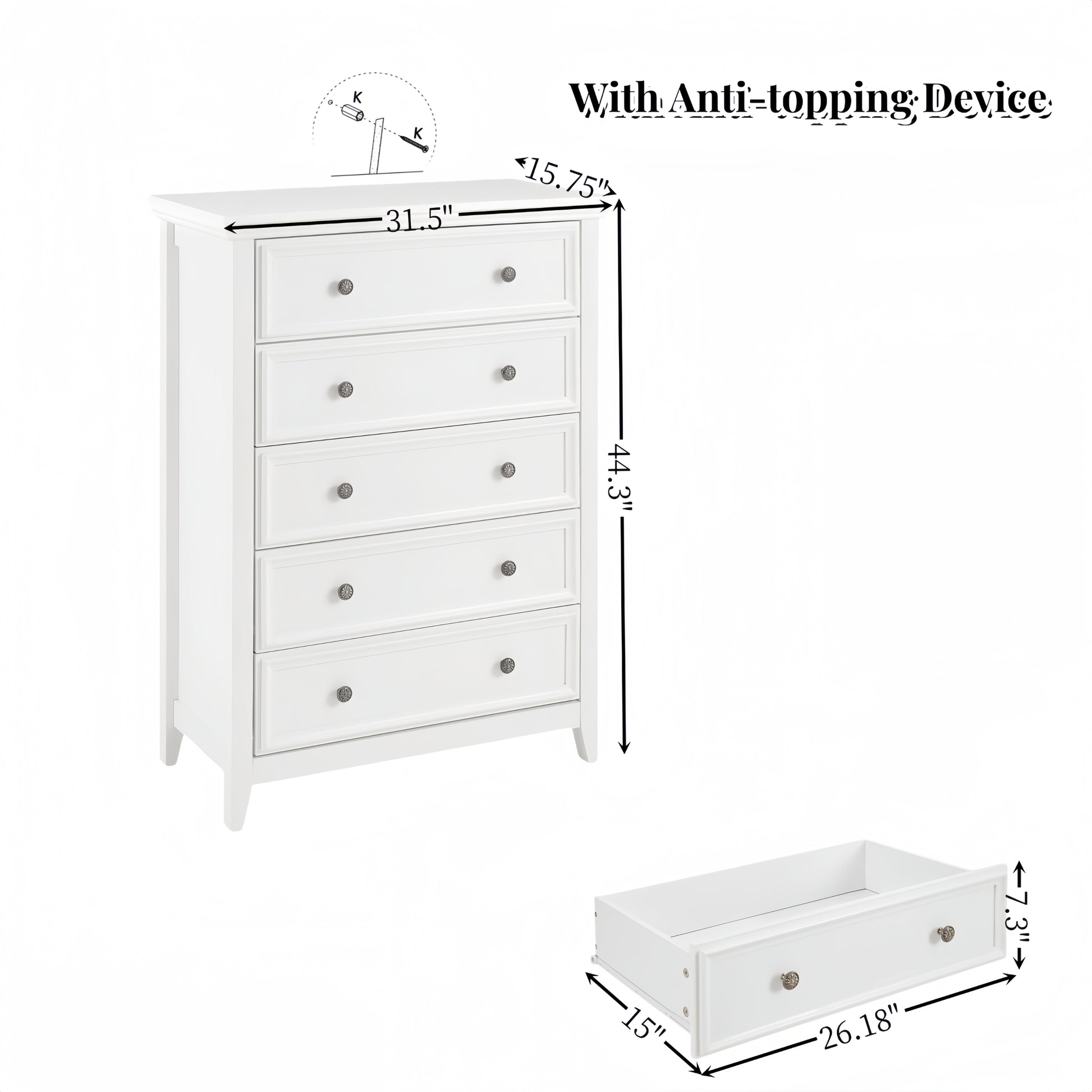 Modern 5 Drawers Dresser 5 Drawers Cabinet,Chest Of Drawers Closet Organizers And Storage Clothes Storage Drawers Cabinet For Living Room, Farmhouse Dresser Organizer White White Mdf