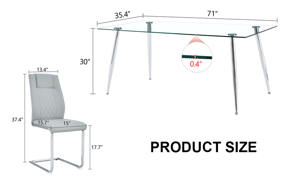 Table And Chair Set.Modern Rectangular Glass Dining Table With A Tempered Glass Tabletop And Silver Metal Legs, Paired With Multiple Chairs Designed With Pu Cushions And Silver Metal Legs. Gray Silver Seats 6 Tempered Glass