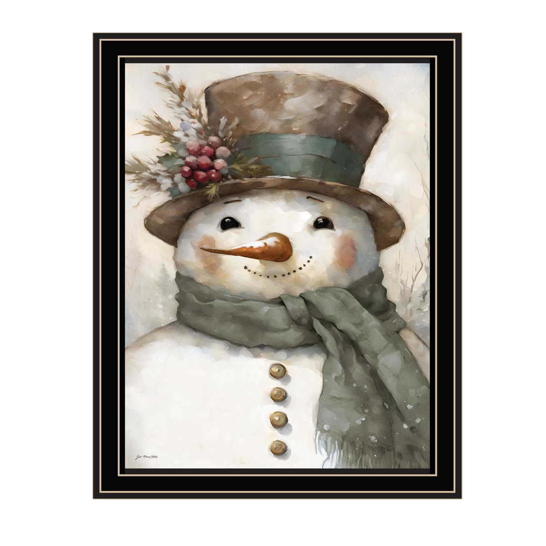 Old World Frosty The Snowman Black Framed Wall Art For Living Room, Holiday Wall Art Print For Home Decor, Bedroom Wall Art By Jo Moulton Multicolor Wood Paper