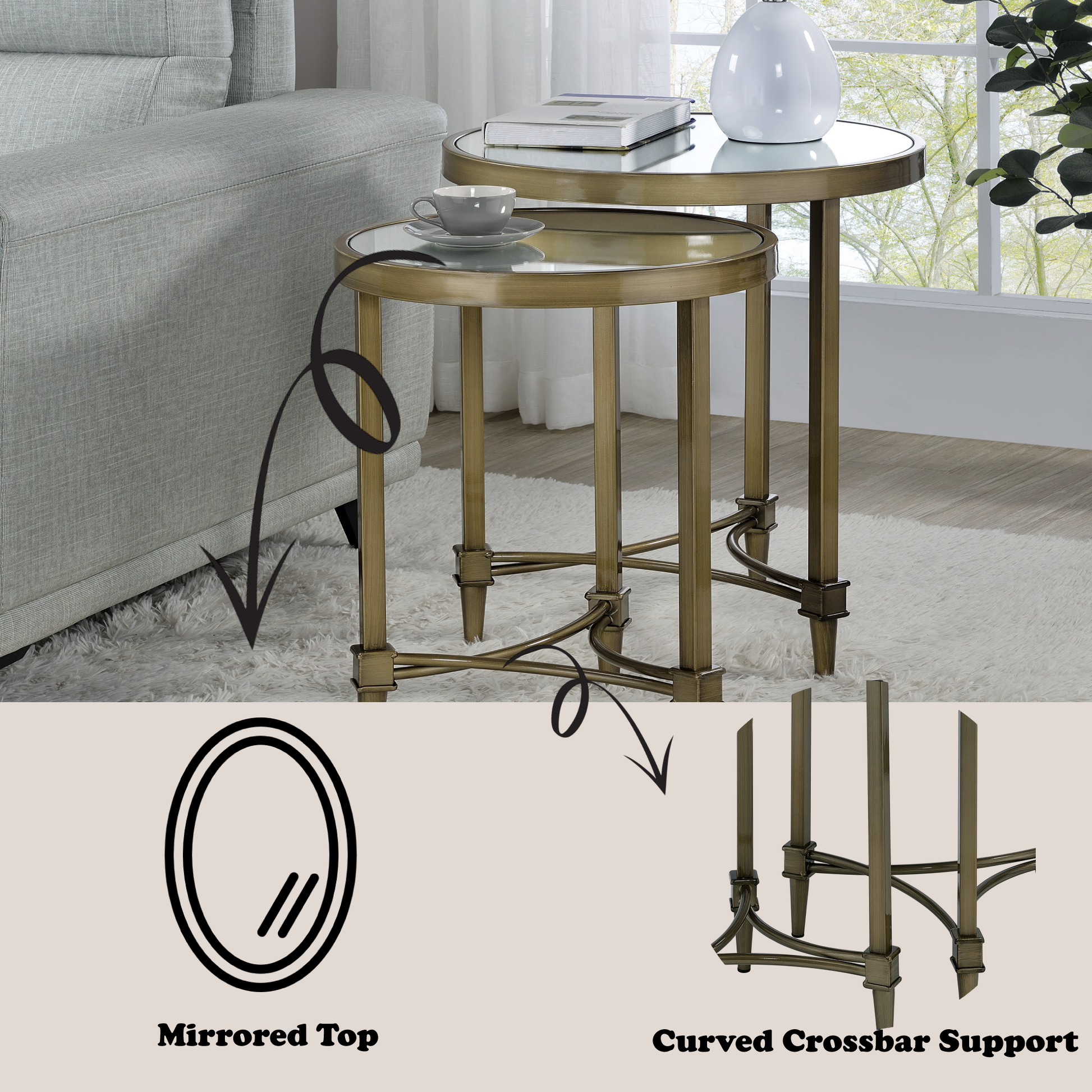 Aditya Nesting End Table, Mirror & Antique Brass Finish Lv02596 Antique Brass Metal