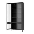 Large Metal Storage Cabinet Display Cabinet With 4 Glass Doors 5 Shelves Side Cabinet Bookcase Freestanding Cabinet For Bedroom Living Room Pantry Home Office Black, Fluted Tempered Glass Black Bedroom Classic Steel