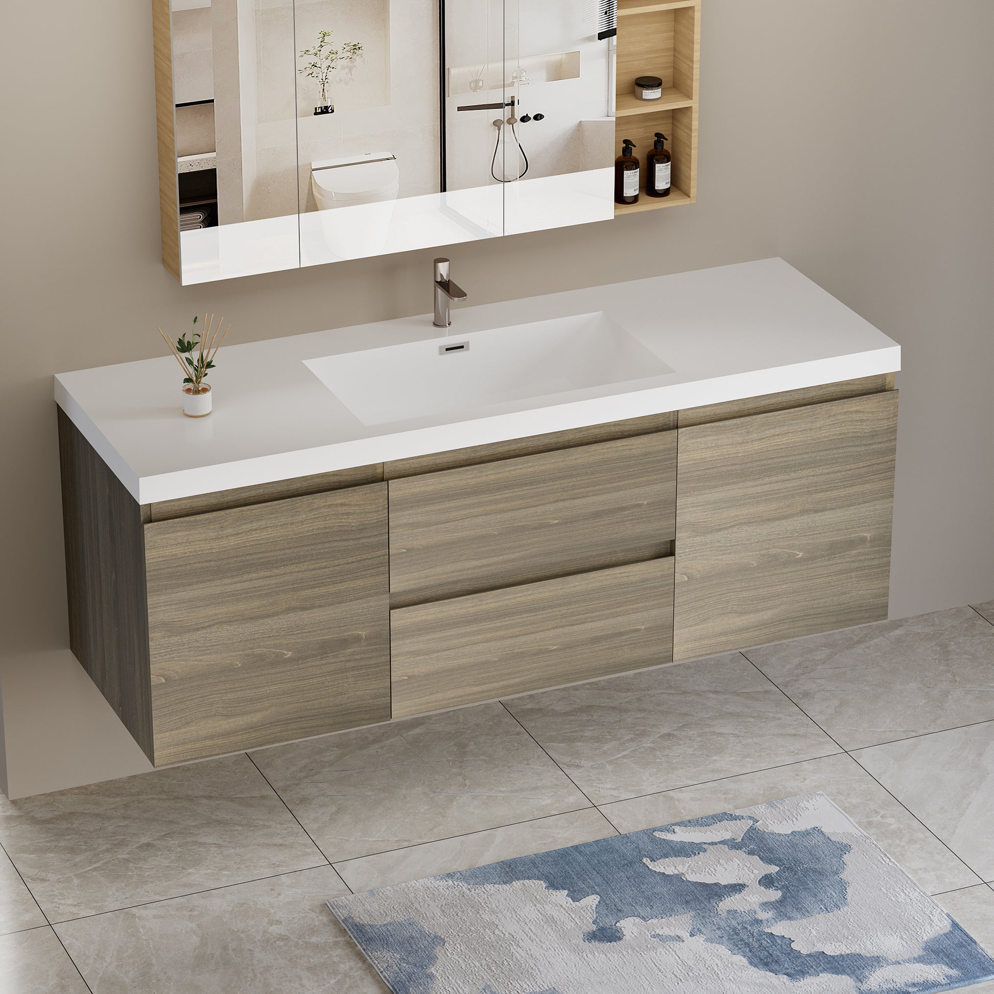 60" Floating Bathroom Vanity with Sink, Modern Wall 2-grey-2-bathroom-wall mounted-melamine