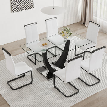 Table And Chair Set.Large Rectangular Glass Dining Table, 0.39 "Tempered Glass Countertop And Black Metal Shaped Bracket.Comes With Chairs With Faux Leather Cushions.Suitable For Kitchen, Dining Room. White Black Seats 6 Glass Metal