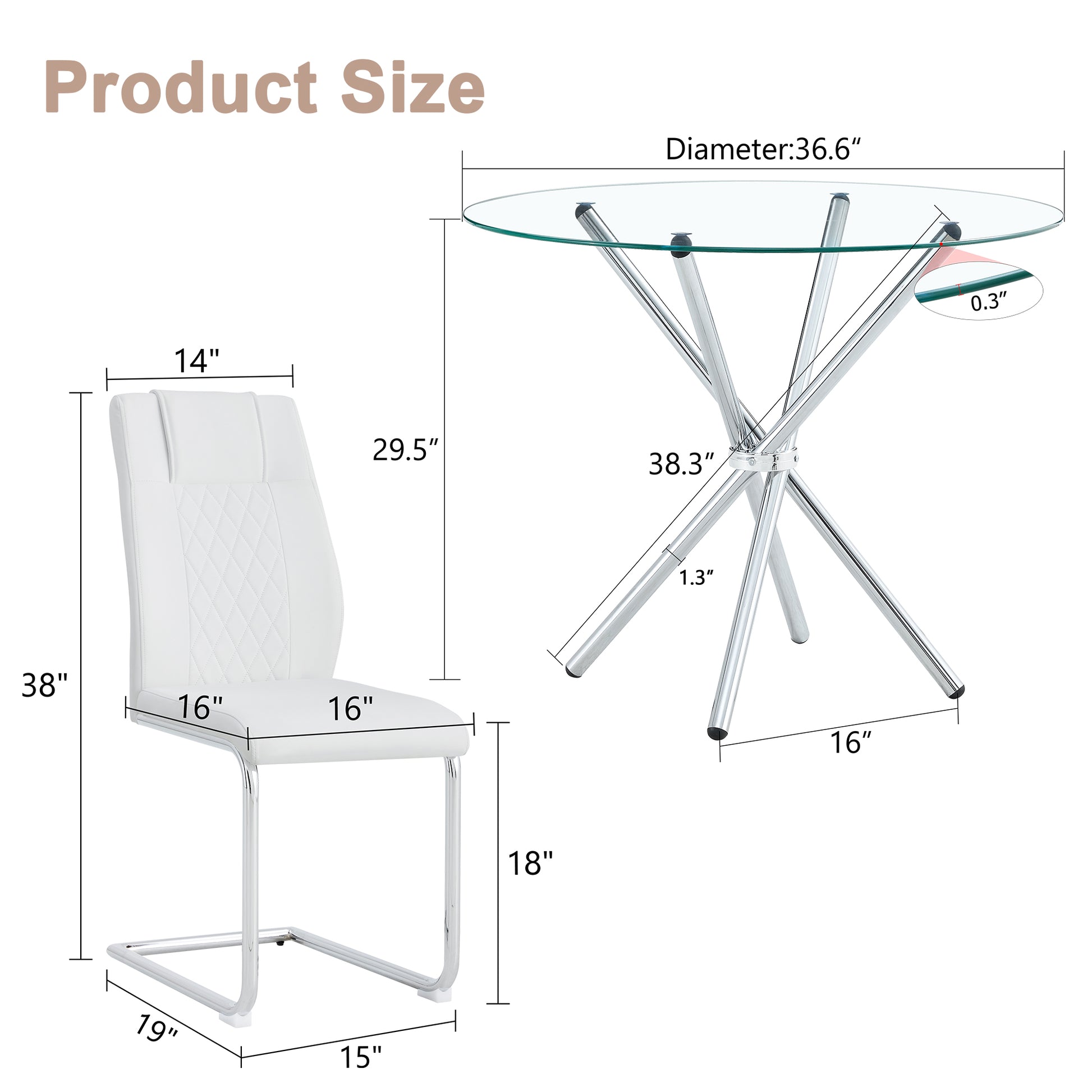 Table And Chair Set.36.6"Round Clear Glass Dining Table With A Unique Shape With Ring Shaped Gathered Silver Metal Legs.Paired With 4 White High Quality Pu Dining Chairs With Silver Metal Legs.