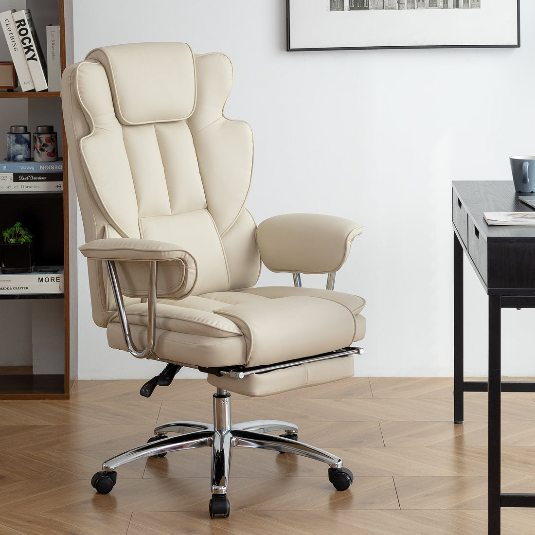 Office Chair, Big And Tall Executive Office Chair With Footrest, Leather Computer Chair, Ergonomic Reclining Chair High Back With Lumbar Support, Large Home Office Chair Beige Beige Pu Leather