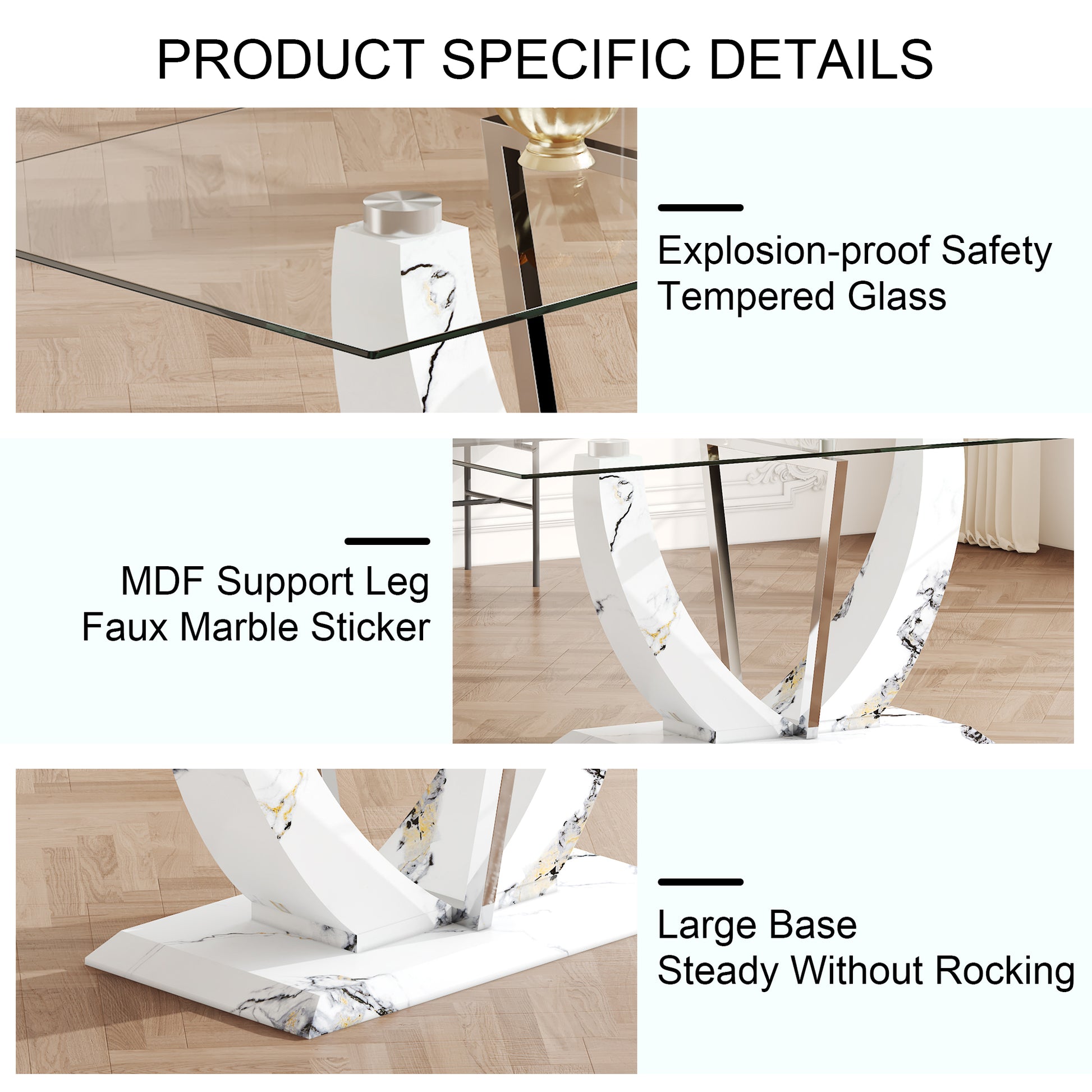 Table And Chair Set, Large Modern Rectangular Glass Table, Can Accommodate 6 8 People, Equipped With A 0.39 Inch Tempered Glass Tabletop And Mdf Table Legs.Paired With Comfortable And Soft Chairs. Black Mdf Glass
