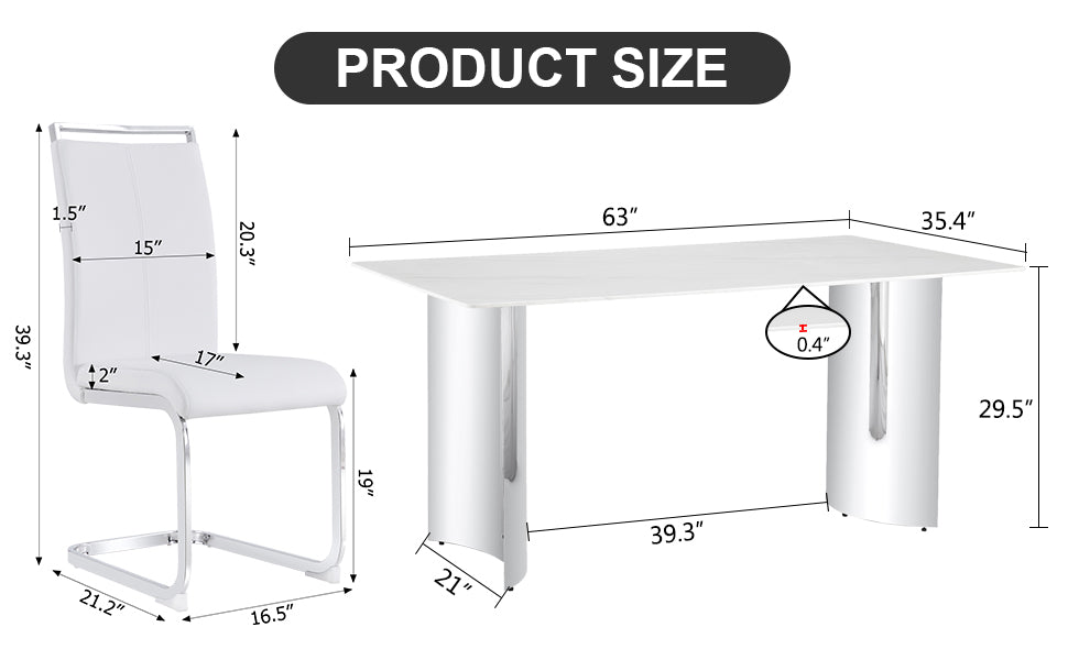 Modern Minimalist Dining Table. Imitation Marble Glass Sticker Desktop, Stainless Steel Legs, Stable And Beautiful. 4 White Pu Seats. 63 "* 35.4" * 29.5 "Dt 69 C 1162 Silver Glass