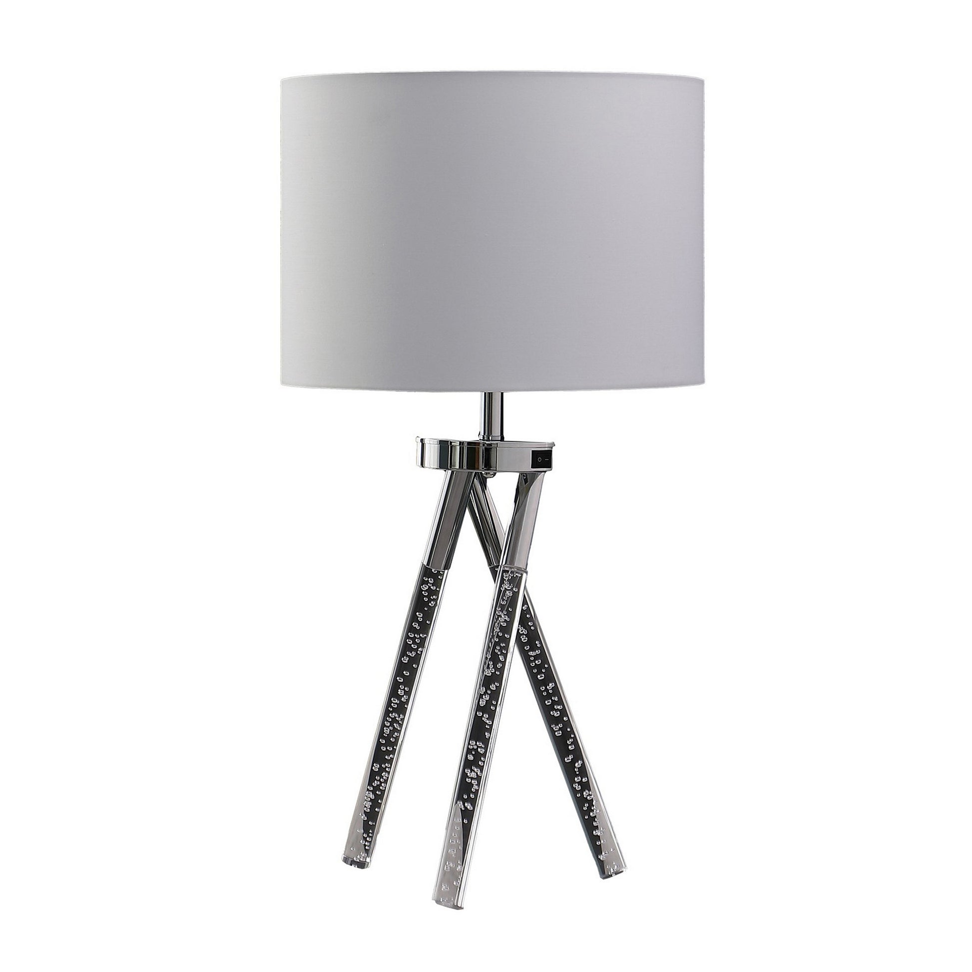 27 Inch Accent Table Lamp, Hardback Fabric Drum Shade, White, Silver Chrome Silver White Glass Metal