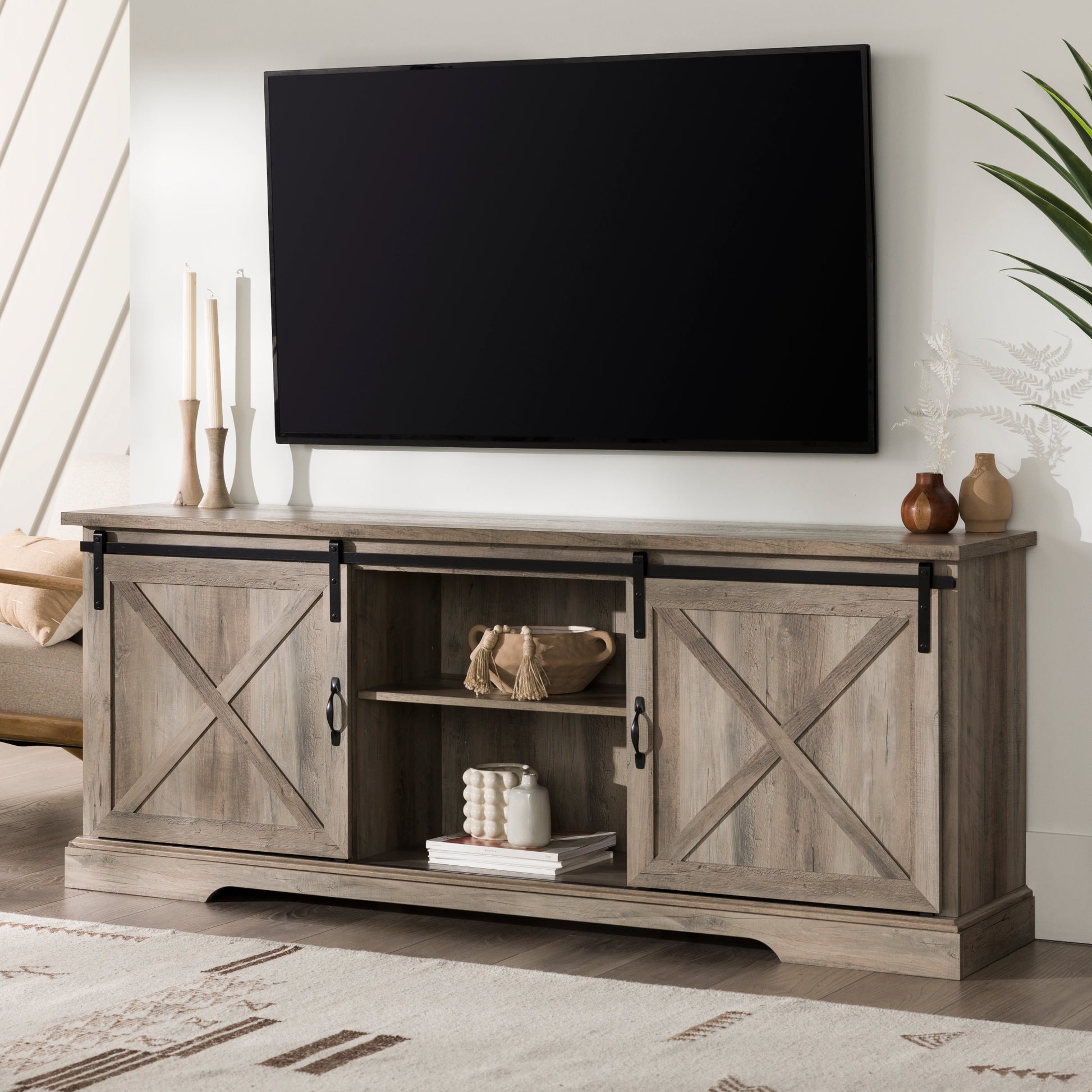 Farmhouse Sliding X Barn Door 70" Tv Stand For 80" Tvs Grey Wash Gray Wash Mdf