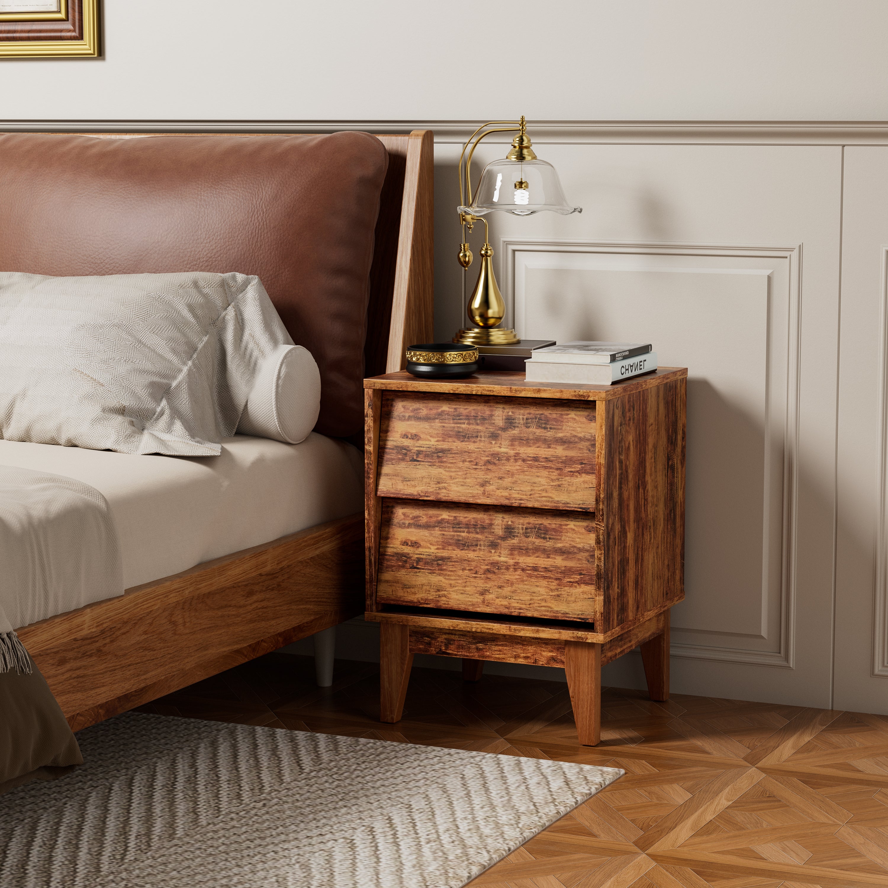 2 Set Nightstands Features Vintage Style And Bevel Design, Made Of Mdf