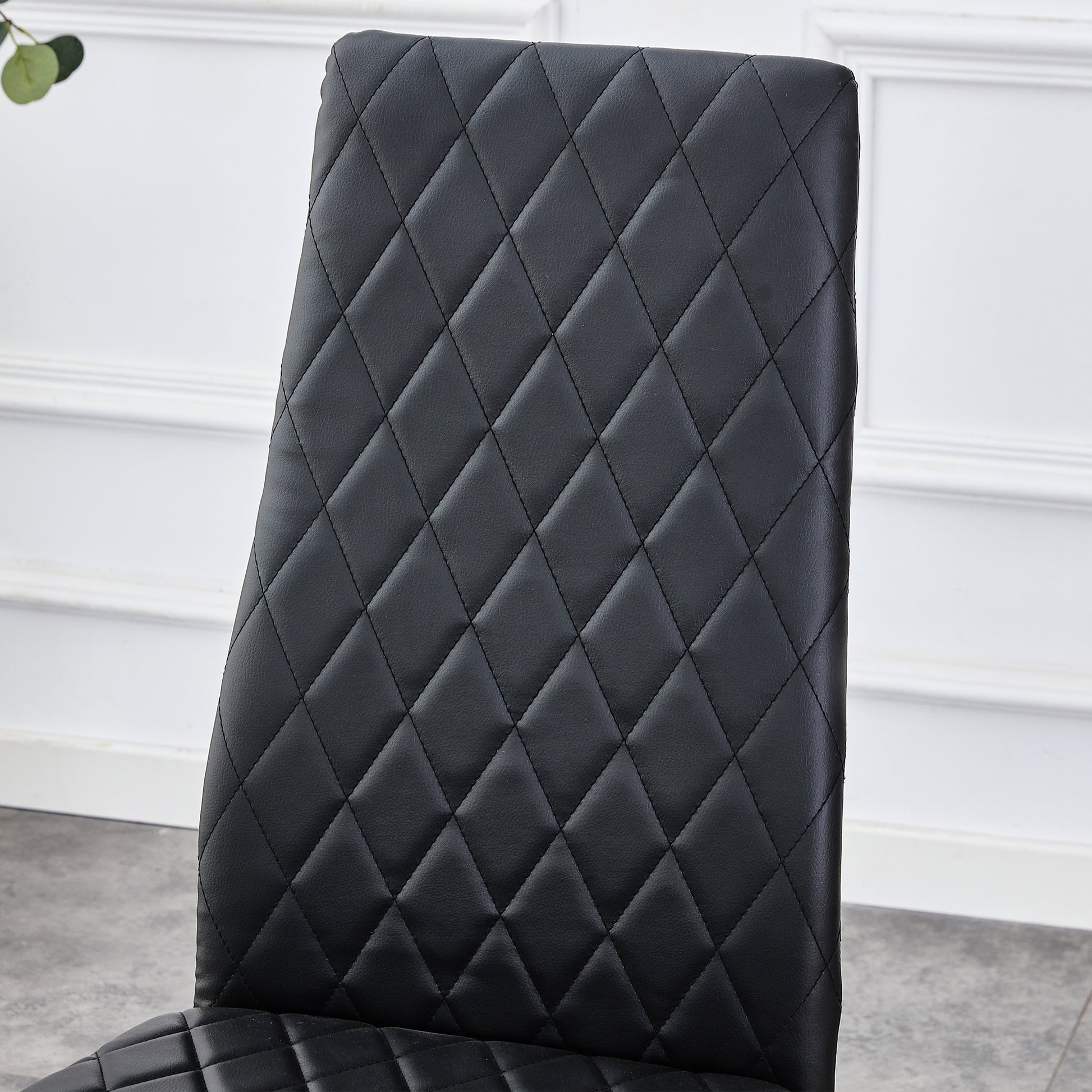Table And Chair Set.Large Modern Rectangular Table With Brown Glass Top And Silver Metal Legs. Paired With 4 Black Chairs With Checkered Armless High Back Pu Cushion And Silver Metal Legs. Black,Silver Seats 4 Glass Metal