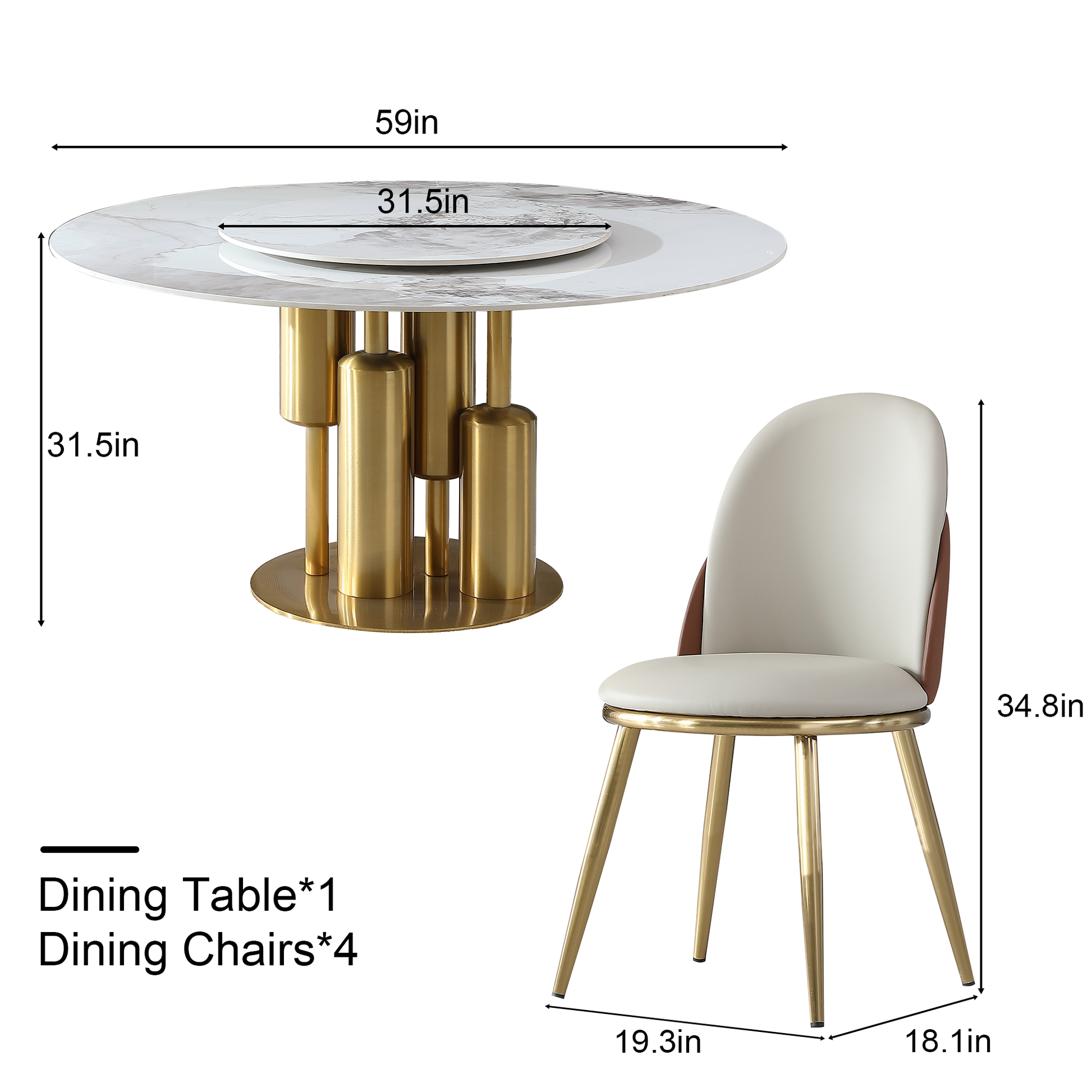 Modern Marble Dining Table, 59" Round Sintered Stone Table For Dining Room, Kitchen, Dinette, Compact Space With Lazy Susan 4 Chairs Gold,Gold White Dining Room American Design,Luxury Round