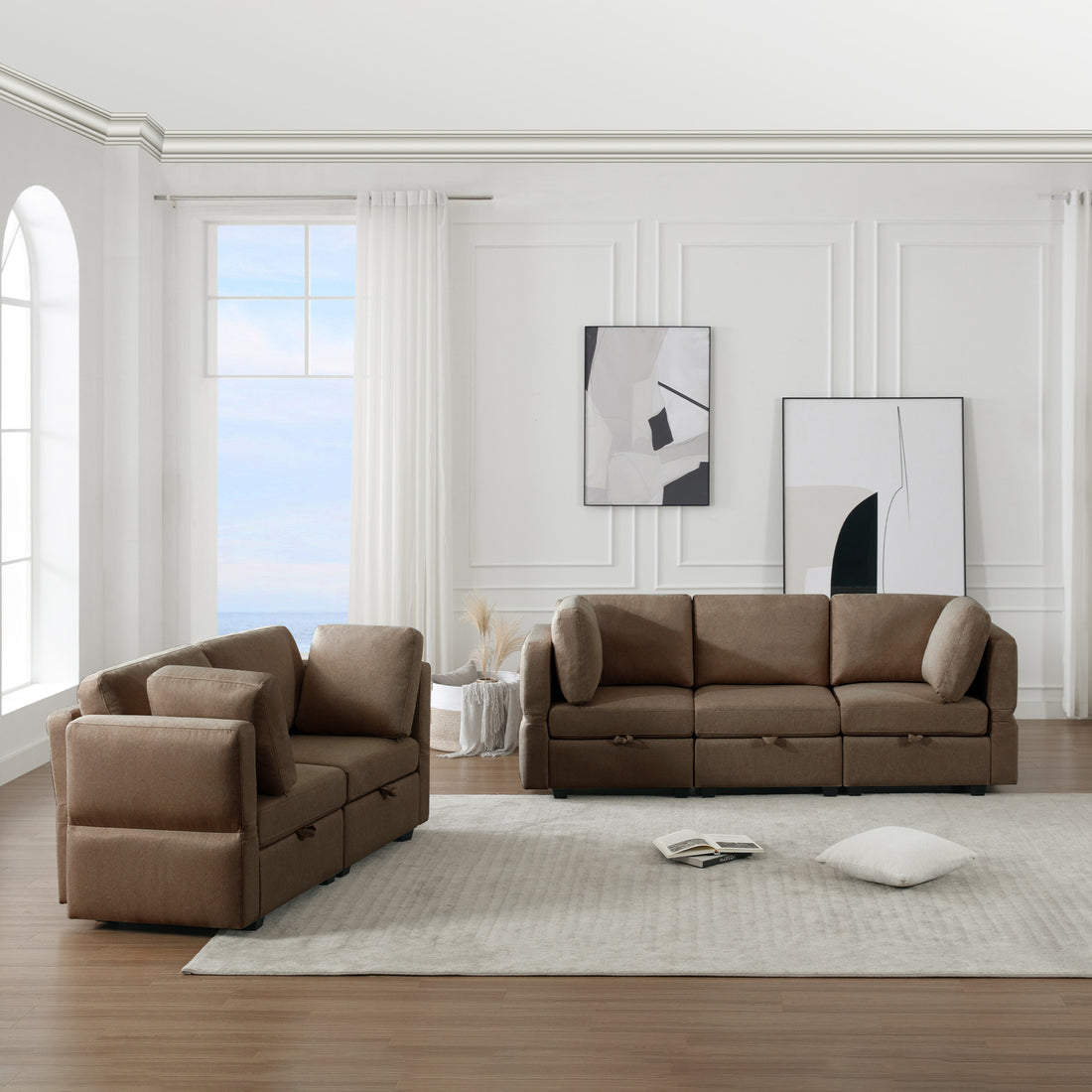 Living Room Sofa Set With 3 Seat Couch And 2 Seat Loveseat, Hidden Storage Under Seat, Soft Back Cushions And Arm Cushionsadjustable Arms And Backs Brown Brown Polyester 5 Seat