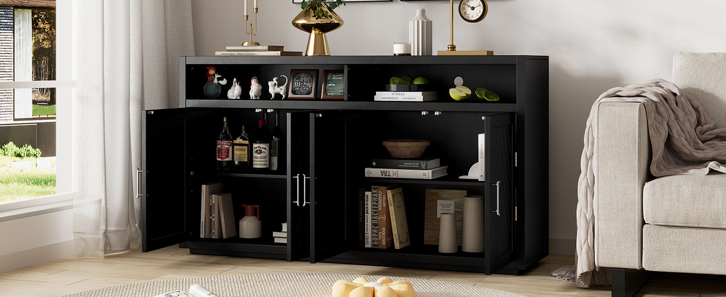 4 Door Classic Sideboard With Open Storage And Adjustable Shelves Perfect For Kitchens, Living Rooms Black Black Mdf