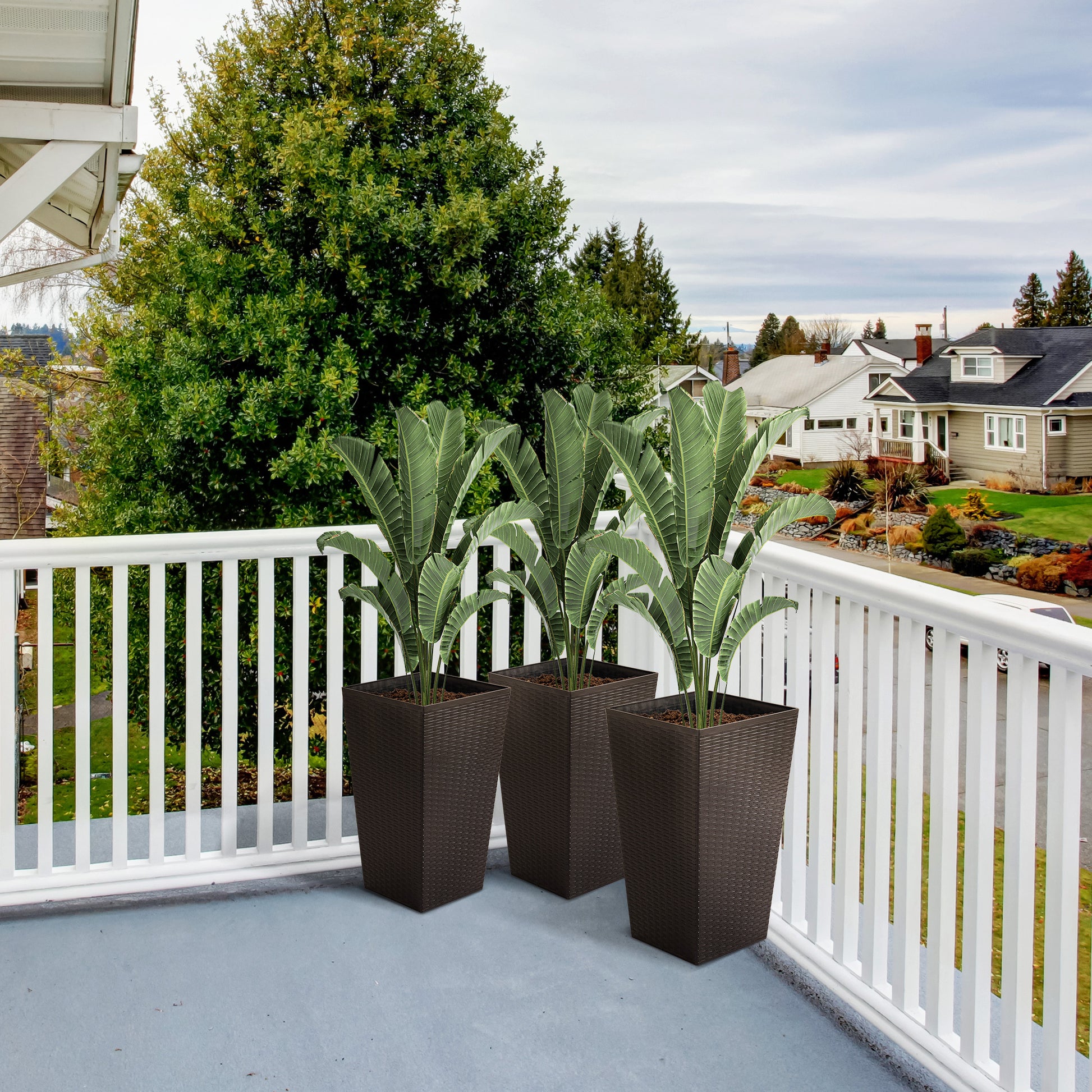 Outsunny Set Of 3 Tall Planters With Drainage Hole, Outdoor Flower Pots, Indoor Planters For Porch, Front Door, Entryway, Patio And Deck, Brown Brown Polypropylene