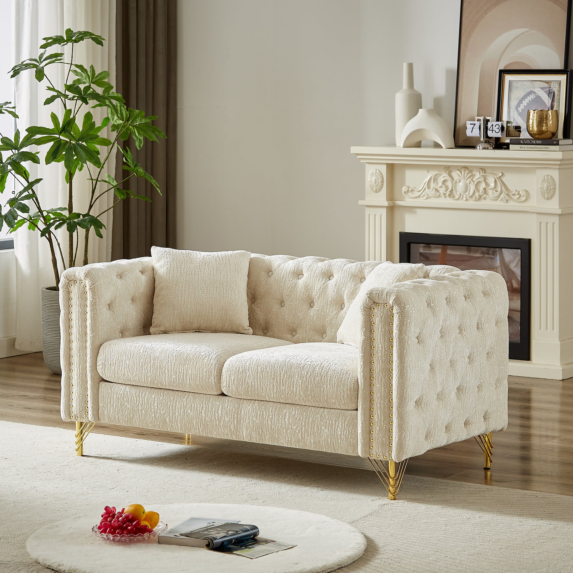 60 Inch Chenille Pull Buckle Design Sofa For Living Room,Buttons Tufted With Copper Nail Decoration Armrest, Modern Couch Upholstered Button And Metal Legs Beige Foam Chenille 2 Seat