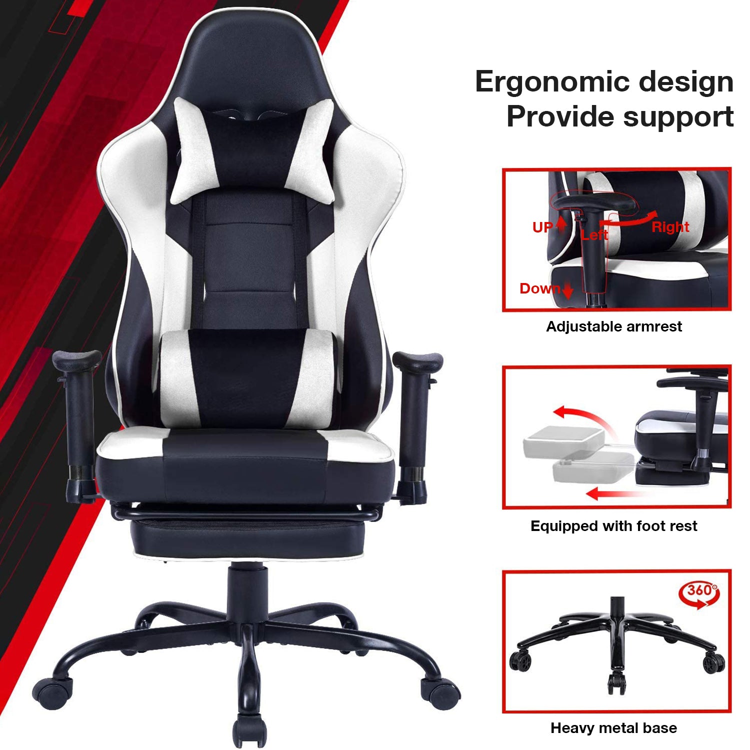 Game Chair, Ergonomiy Designed Computer Chair With Headrest And 2D Armrests, Waist Pillow Electronic Lounge Chair With Vibration Massage Function, Competitive Chair Iron White Cotton Leather