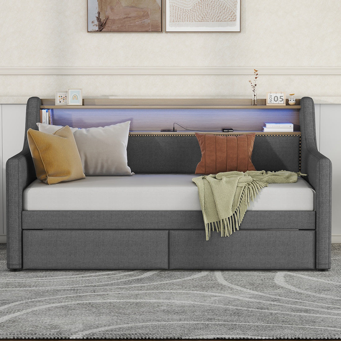 Twin Size Daybed With Storage Drawers, Upholstered Daybed With Charging Station And Led Lights, Gray Old Item W1580S00023 Twin Gray Linen