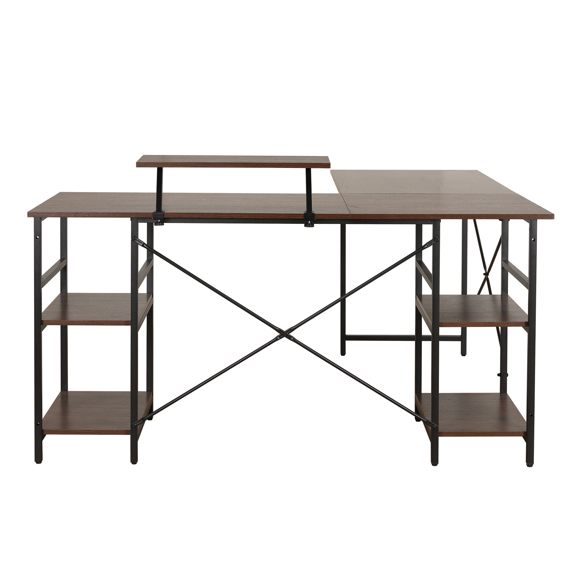 Techni Mobili L Shape Industrial Desk With Storage Shelves, Walnut Walnut Computer Desk Office Modern L Shape Particle Board