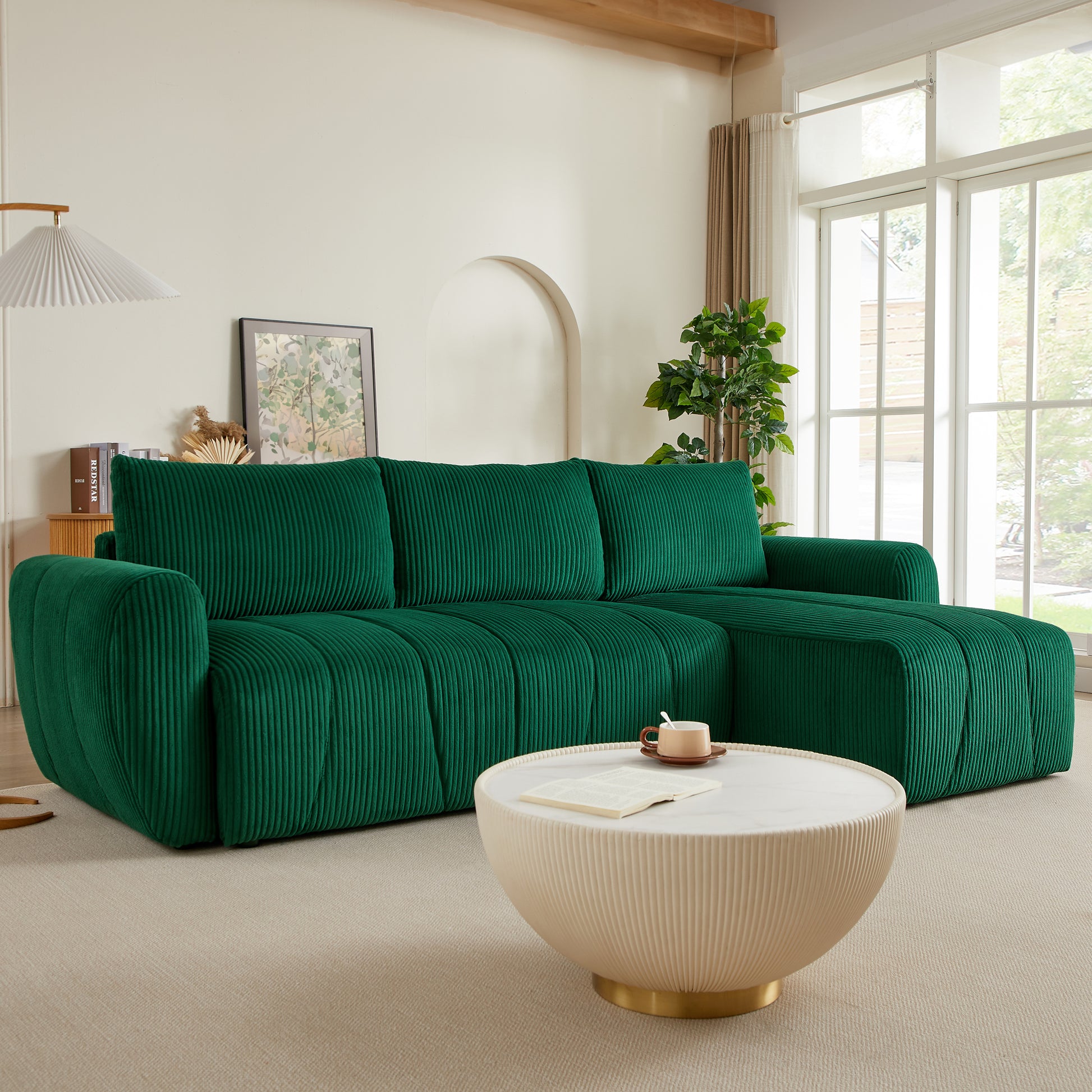 Convertible Sectional Sofa Couch, Modern Fabric 3 Seater L Shaped Couch For Living Room, Apartment, Office, Small Space Dark Green Corduroy 5 Seat