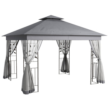 Outsunny 10' X 11.5' Metal Patio Gazebo, Double Roof Outdoor Gazebo Canopy Shelter With Tree Motifs Corner Frame And Netting, For Garden, Lawn, Backyard, And Deck, Gray Gray Polyester