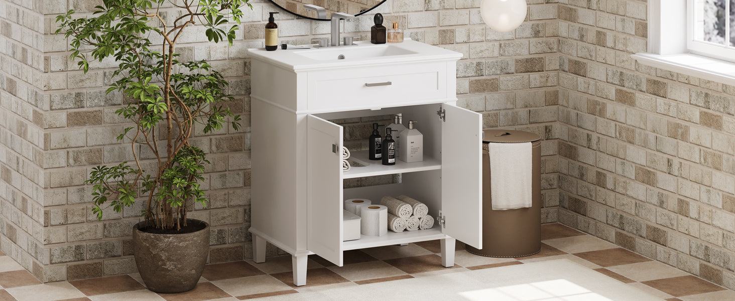 30 Inch Bathroom Vanity With Ceramic Basin, Soft Close Door And Adjustable Shelves White Bathroom Solid Wood Mdf