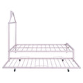 Full Size Metal Platform Bed With Twin Size Trundle,House Shaped Headboard Design, Pink Full Pink Metal
