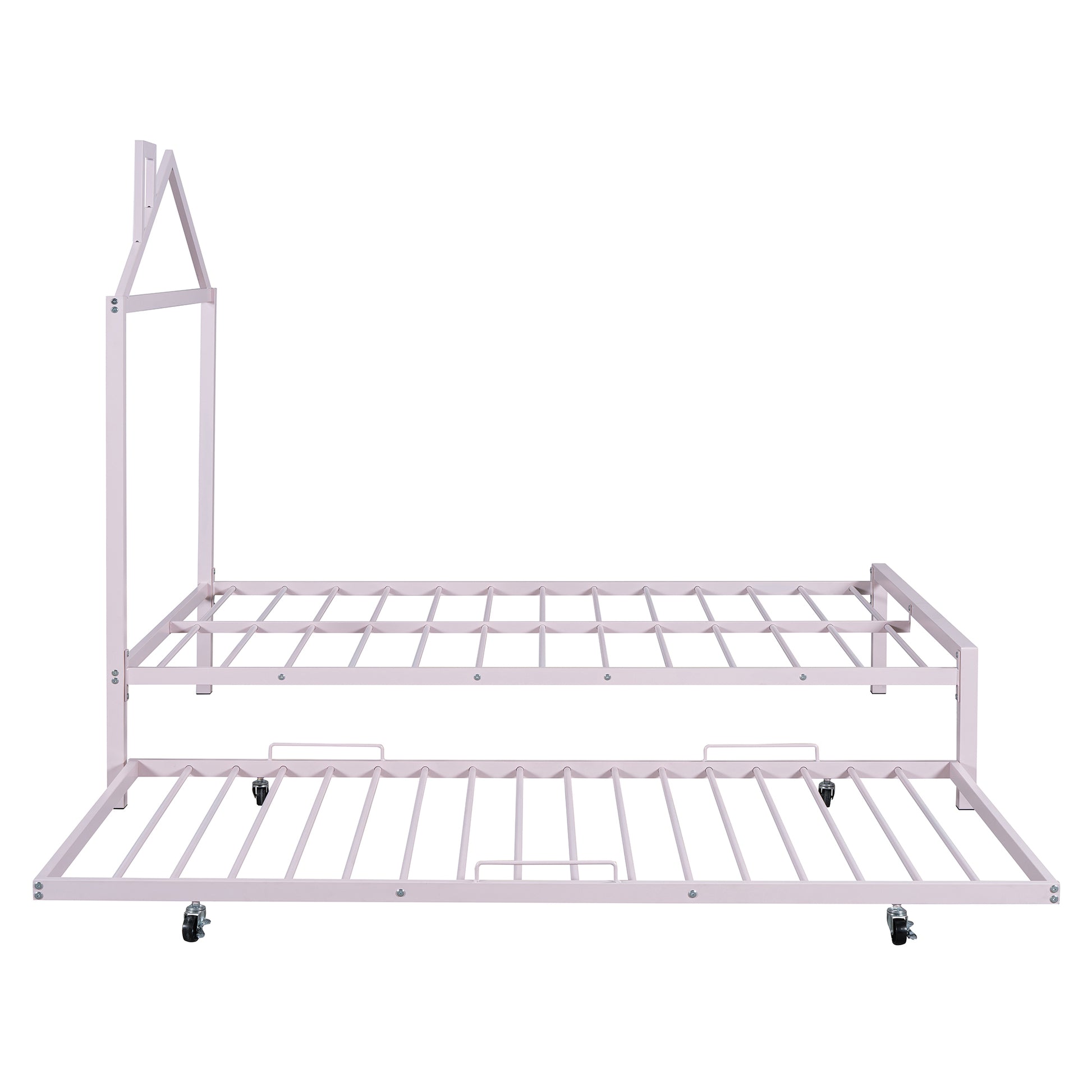 Full Size Metal Platform Bed With Twin Size Trundle,House Shaped Headboard Design, Pink Full Pink Metal