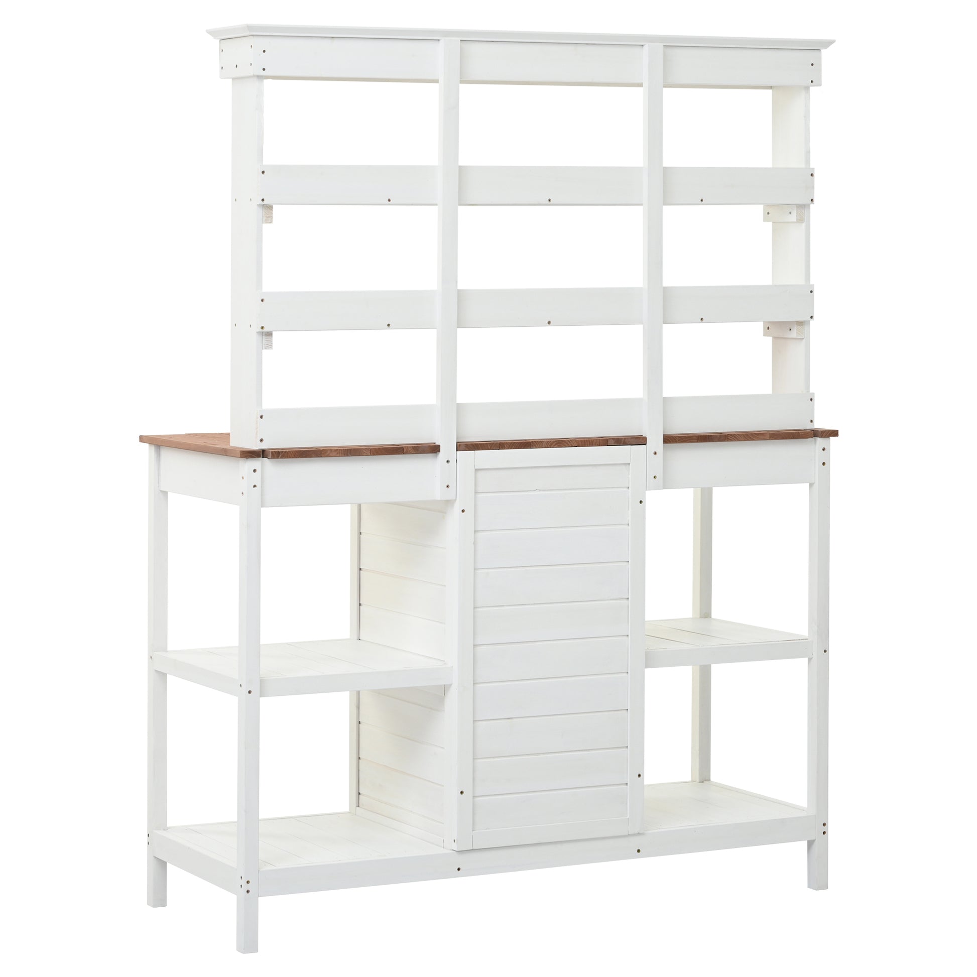 66" Large Outdoor Farmhouse Wooden Potting Bench Table, Garden Workstation With 2 Drawers, Cabinet And Open Shelves For Backyard, Mudroom, White White Garden & Outdoor Casual Wood Solid Wood