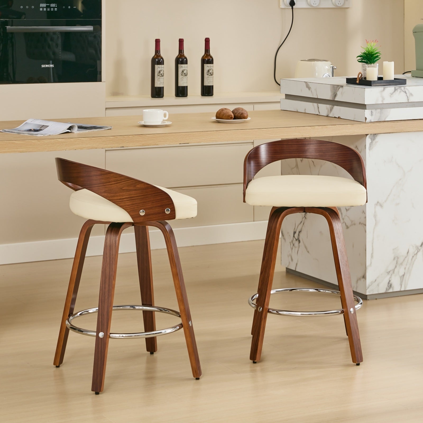 Bar Stools Set Of 2, Swivel Bar Height Stools With Low Back, Wood Bar Chairs With Soft Cushion Seat, 25 Inch Seat Height Beige, 25" Counter Height Beige Dining Room American Design,Classic Set Of 2 Foam Pu Leather