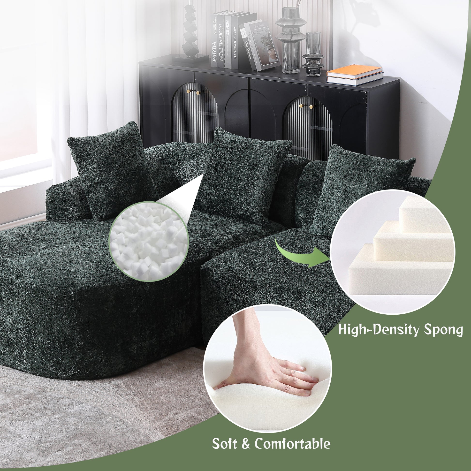 Coolmore Boucle Sofa 3 Seater For Living Room Oversized Comfy Sofa L Shape Sofa Couch With Chaise Home Furniture Sleeper Sectional Sofa For Apartment, Office Left Hand Facing Green Green Primary Living Space Foam Boucle 3 Seat