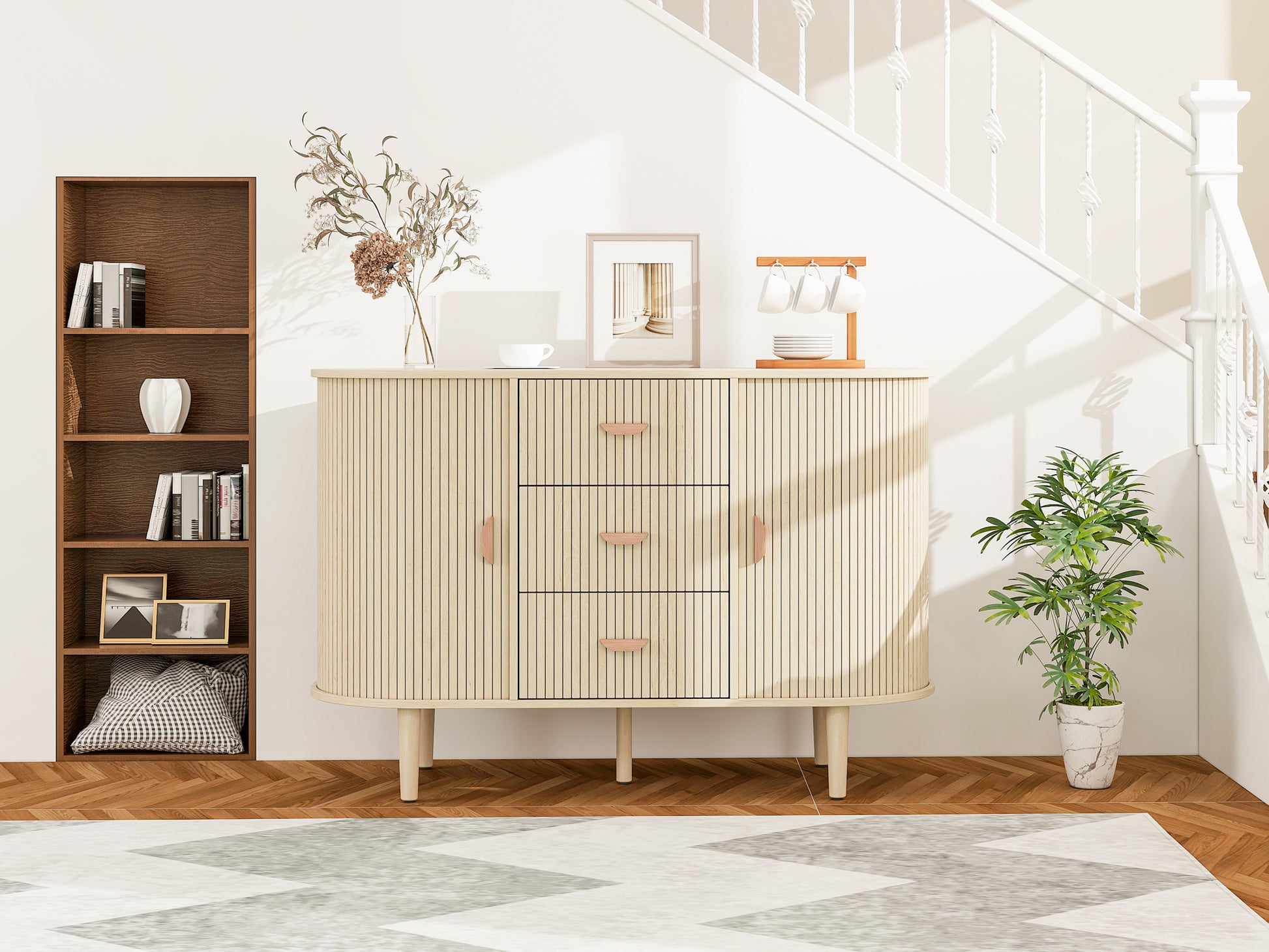 Sideboard Buffet Storage Cabinetaccent Cabinet With Smoothly Sliding Tambour Doorsmodern Kitchen Buffet Cabinet With 3 Drawer And 2 Doors For Living Room Dining Room Natural Mdf