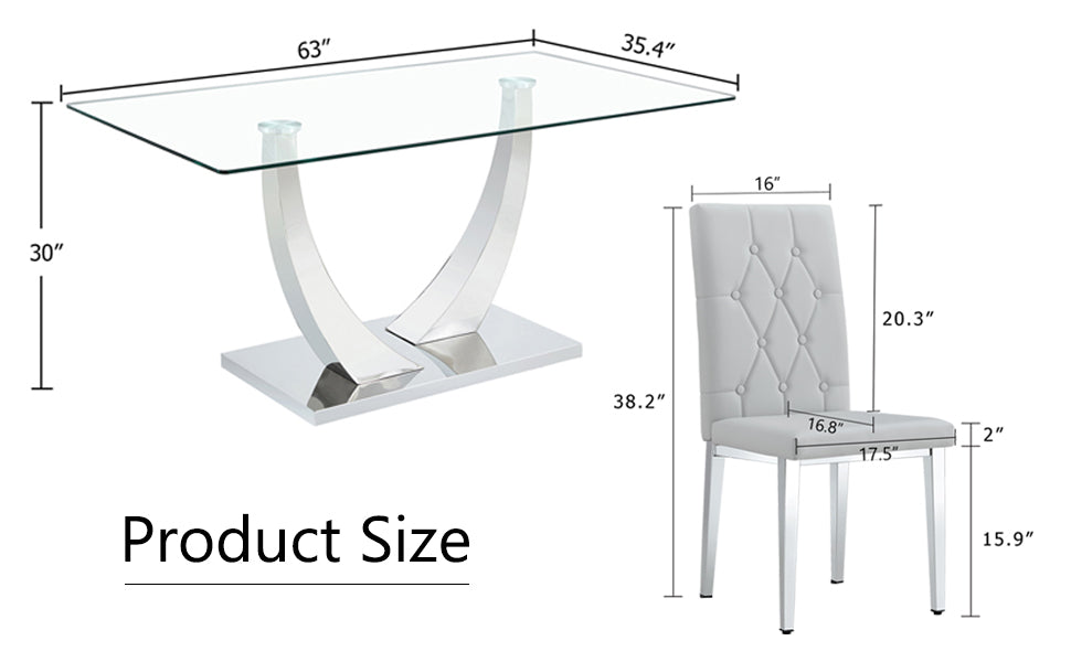 Table And Chair Set, Modern Dining Table, Tempered Glass Tabletop And Silver Colored Leg Table, Soft And Comfortable Dining Chair, Perfect For Dinner, Meetings, Home And Office Decor Gray Seats 6 Glass