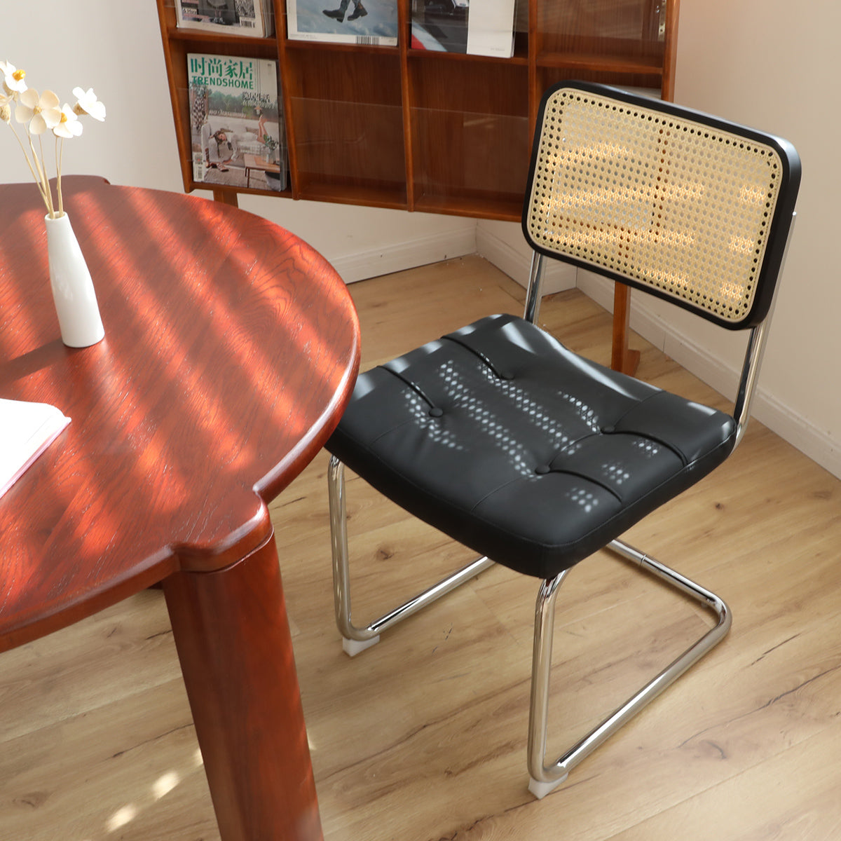 Dining Chairs Set Of 2, Fauex Leather Rattan Side Accent Chairs With Chrome Legs, Modern Mid Century Breuer Designed Chairs, Upholstered Dining Living Room Kitchen Chairs Black 2Pcs Black Faux