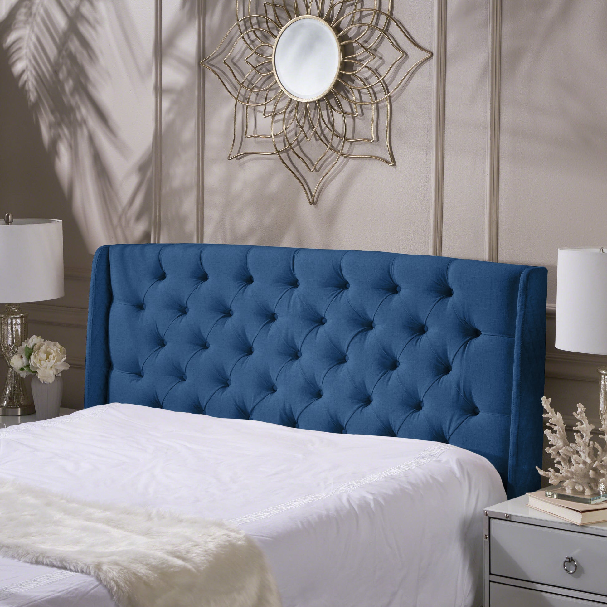 Upholstered Wingback Headboard, Button Tufted Upholstery, Sturdy Structure, Dark Navy Dark Navy Fabric