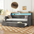 Twin Size Daybed With Trundle Bed, Upholstered Daybed With Charging Station And Led Lights, Gray Twin Gray Linen