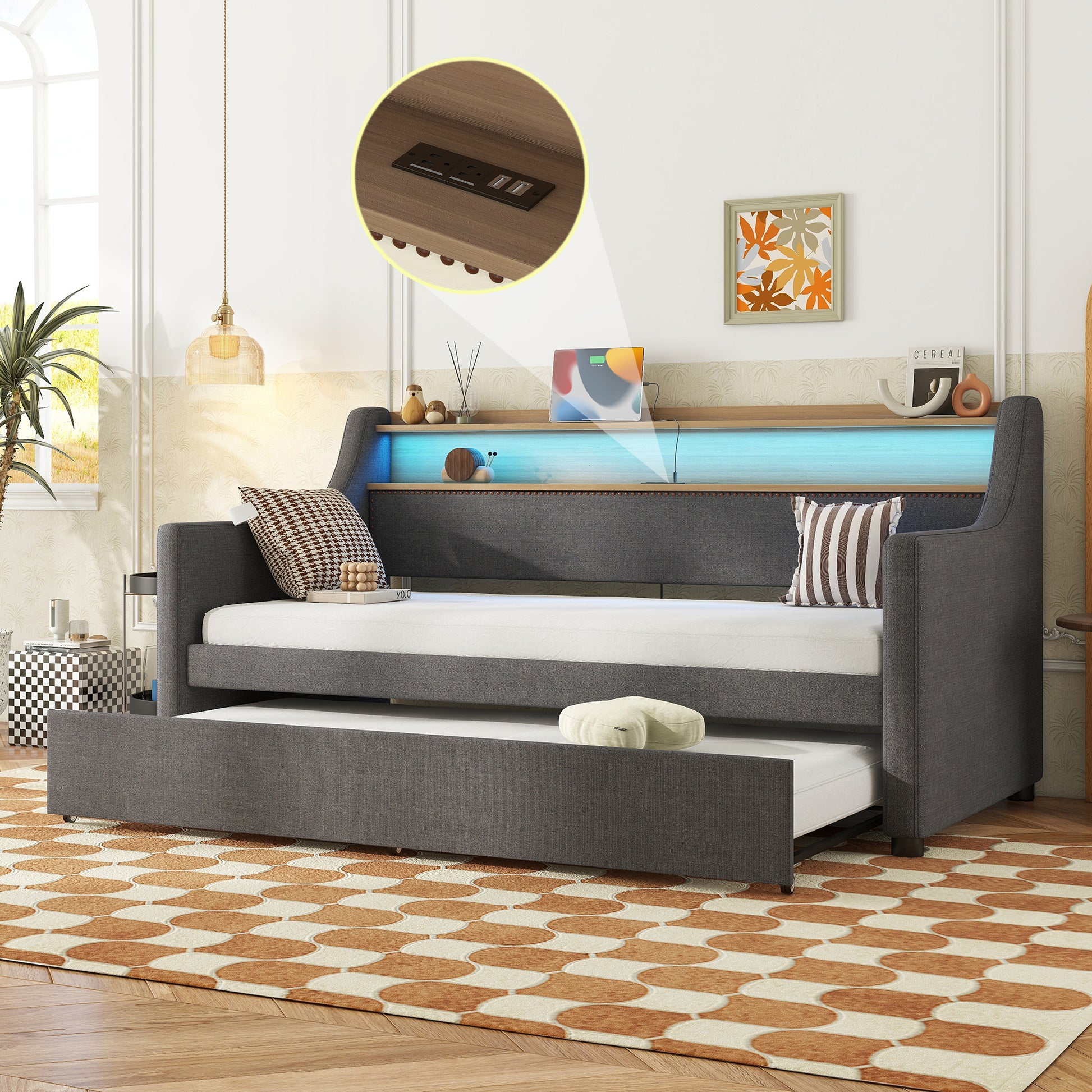 Twin Size Daybed With Trundle Bed, Upholstered Daybed With Charging Station And Led Lights, Gray Twin Gray Linen