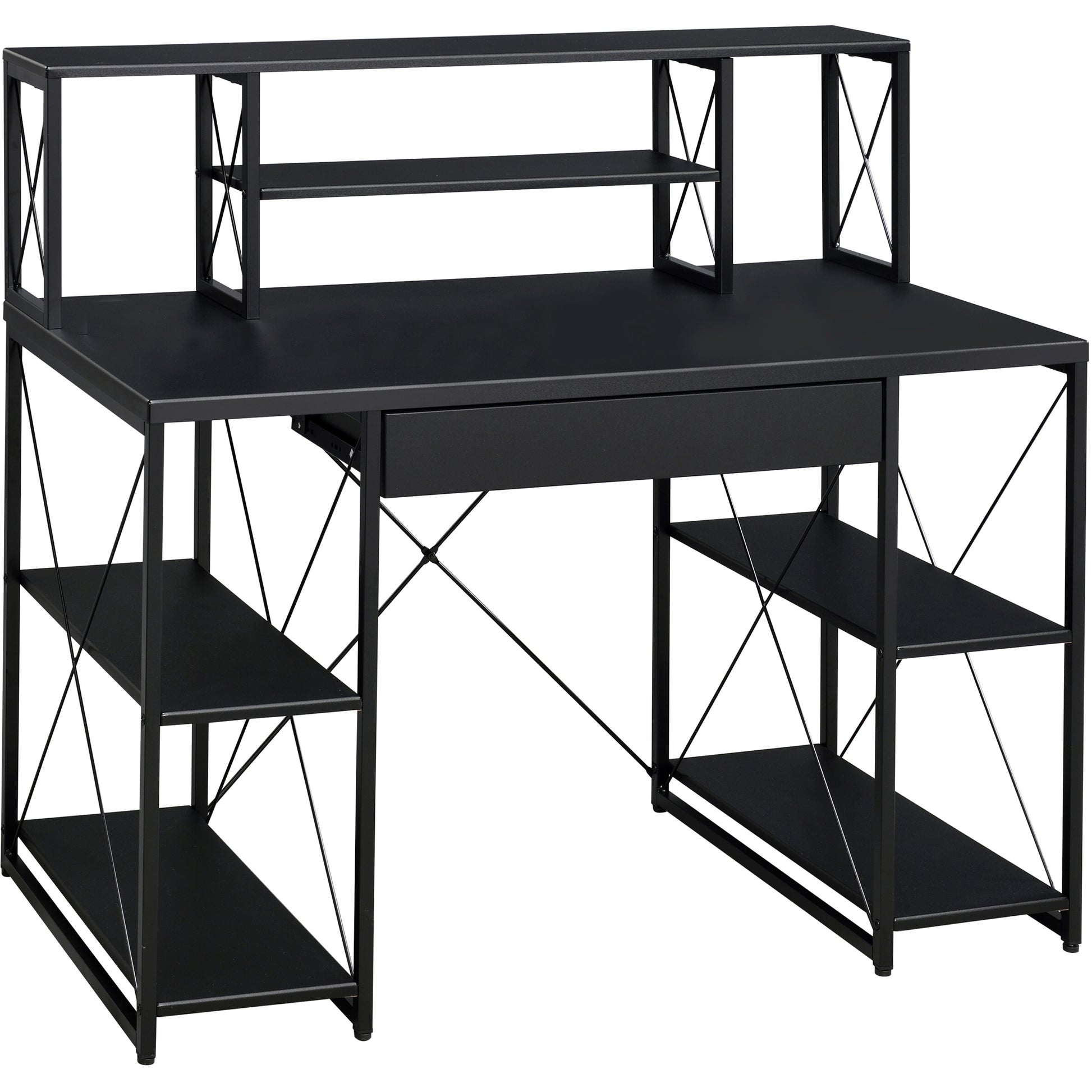 Black Office Desk With Open Shelves And Hutch Black Writting Desk Office Rectangular Shelves Wood Metal Sled