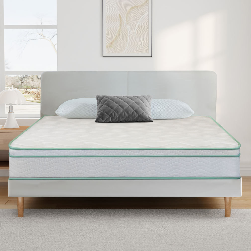 Twin Size 8" Medium Cool Gel Memory Foam Innerspring Hybrid Mattress White Green Foam Spring Twin