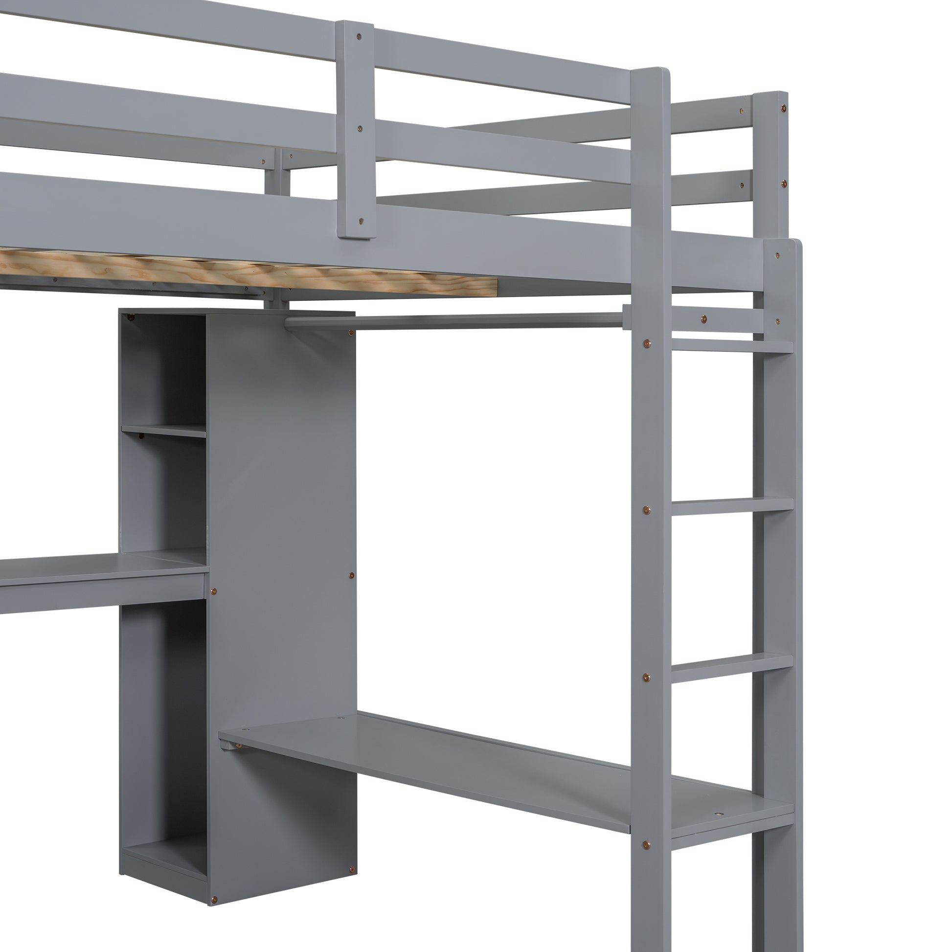 Full Size Loft Bed With L Shaped Desk, Wardrobe And Storage Shelves, Grey Expected Arrival Time: 8.31 Box Spring Not Required Full Grey Wood Bedroom Solid Wood Mdf