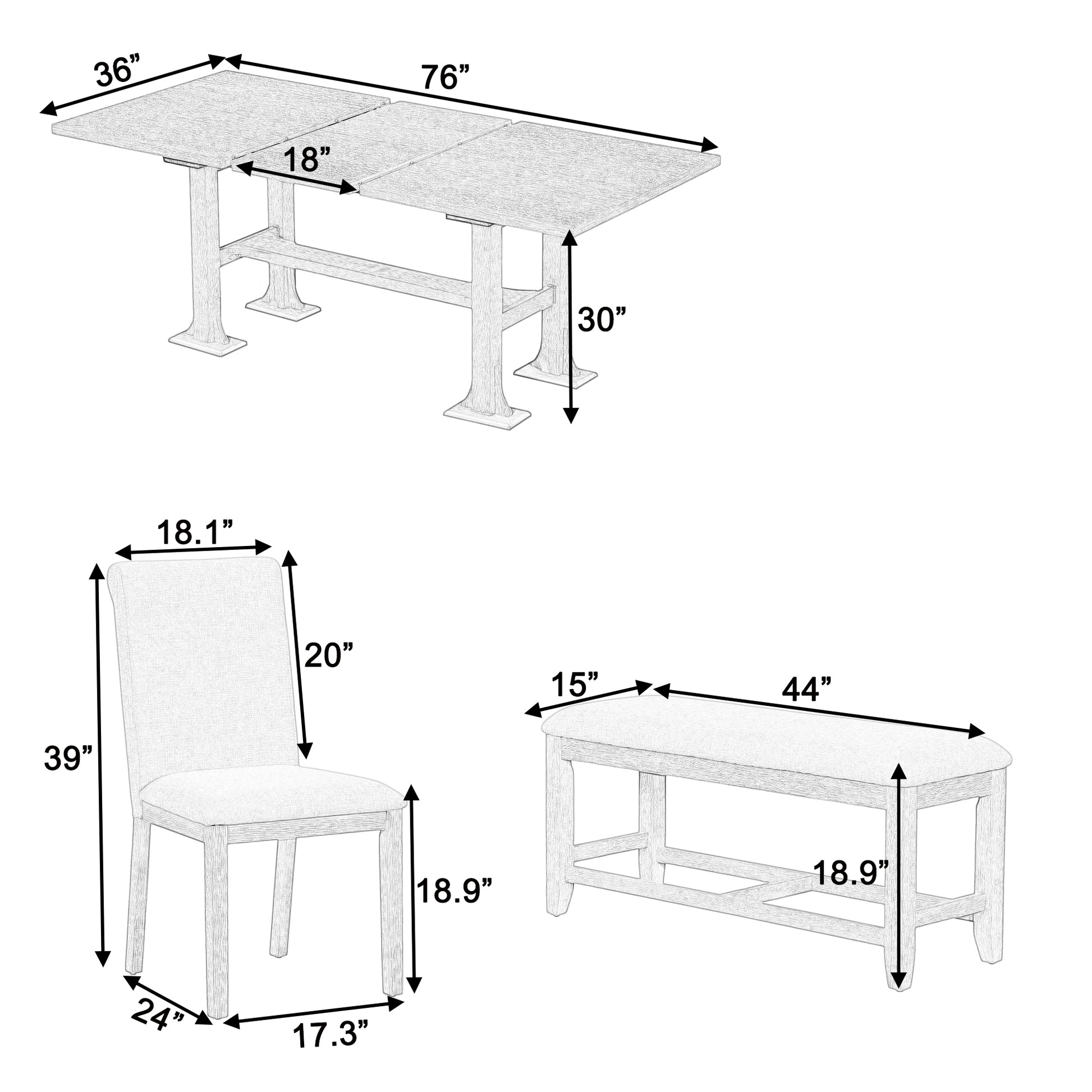 Farmhouse 76Inch 6 Piece Extendable Dining Table Set Trestle Kitchen Table Set With 18Inch Removable Leaf And Upholstered Dining Chair And Bench For Dining Room, Natural Wood Dining Room Extendable Rubberwood Rectangular Dining Table With Chair And Bench