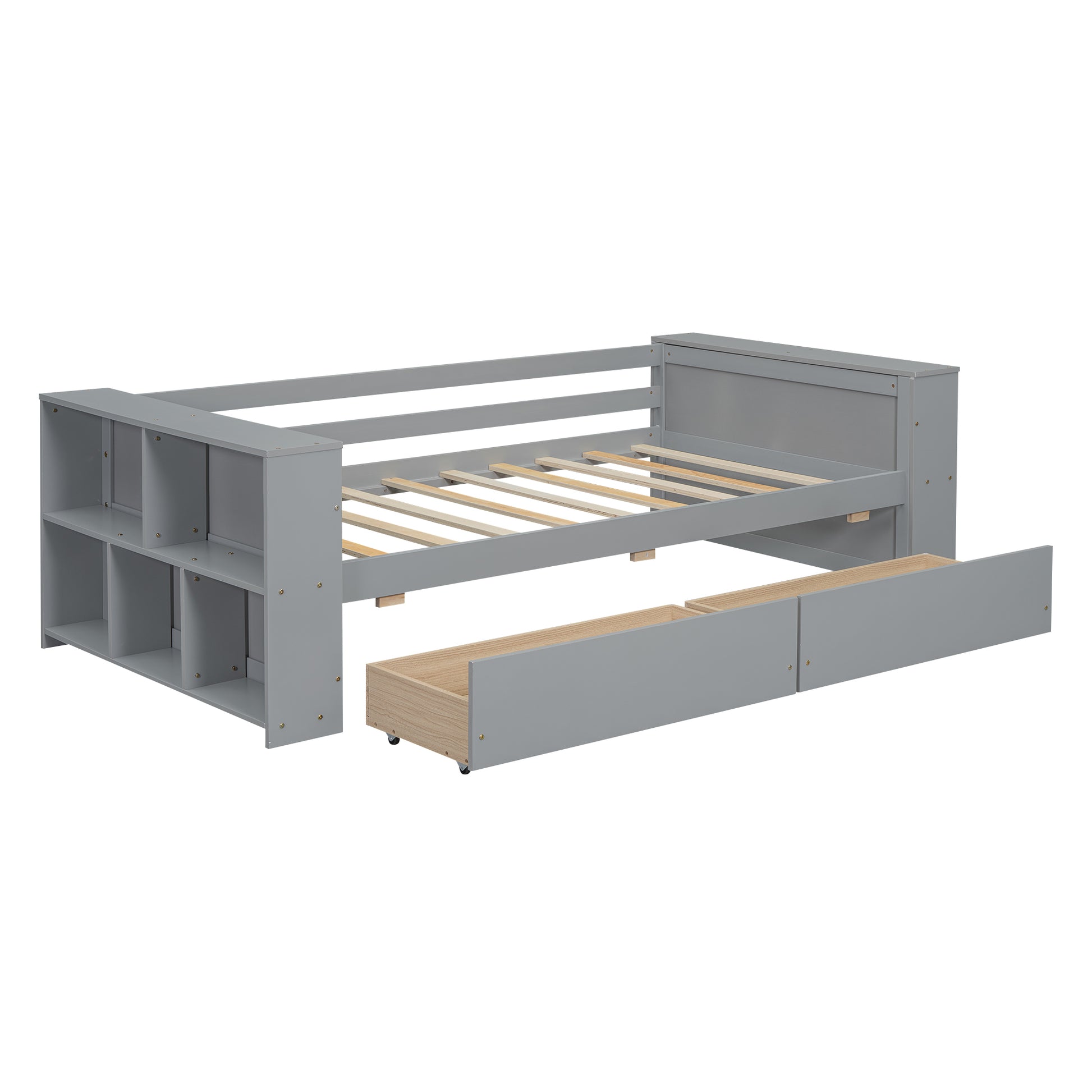 Twin Size Daybed With Shelves And Drawers, Gray Twin Gray Pine