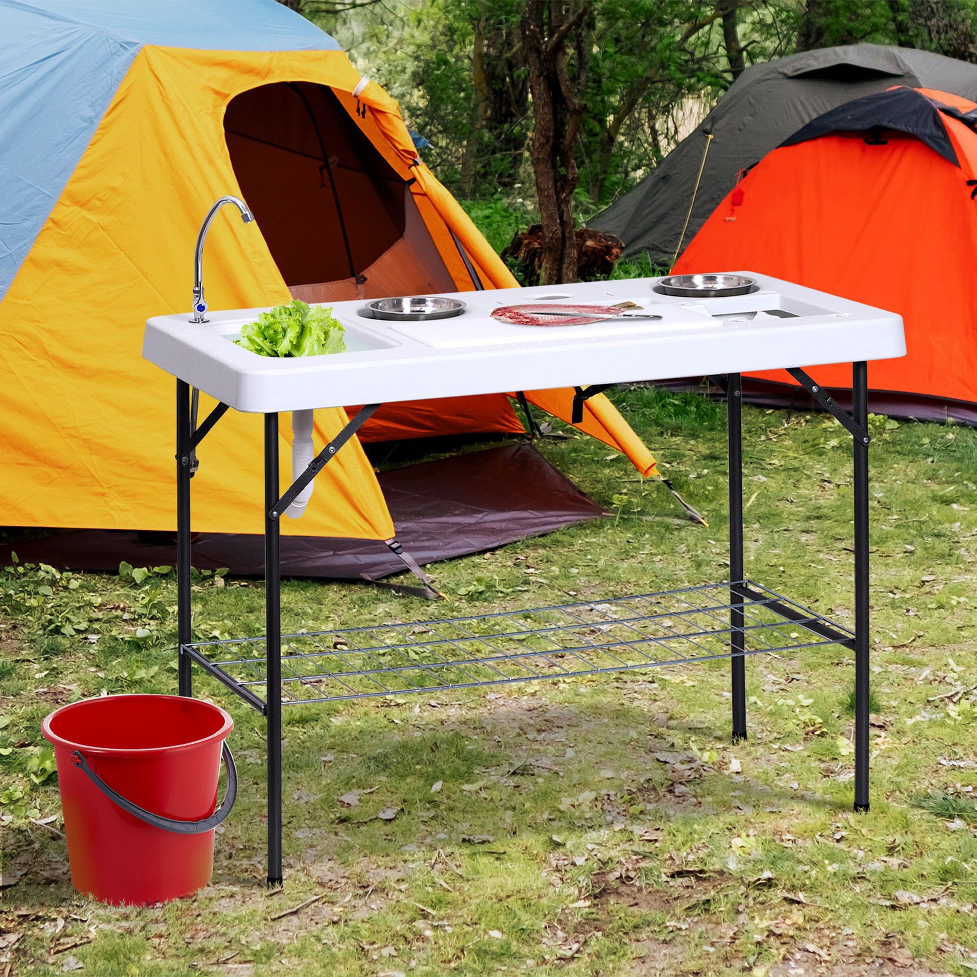 Outsunny Folding Fish Cleaning Table With Sink, Portable Camping Table With Faucet Drainage Hose, Grid Rack And Fish Cleaning Kit For Picnic, Fishing, 50" White Metal