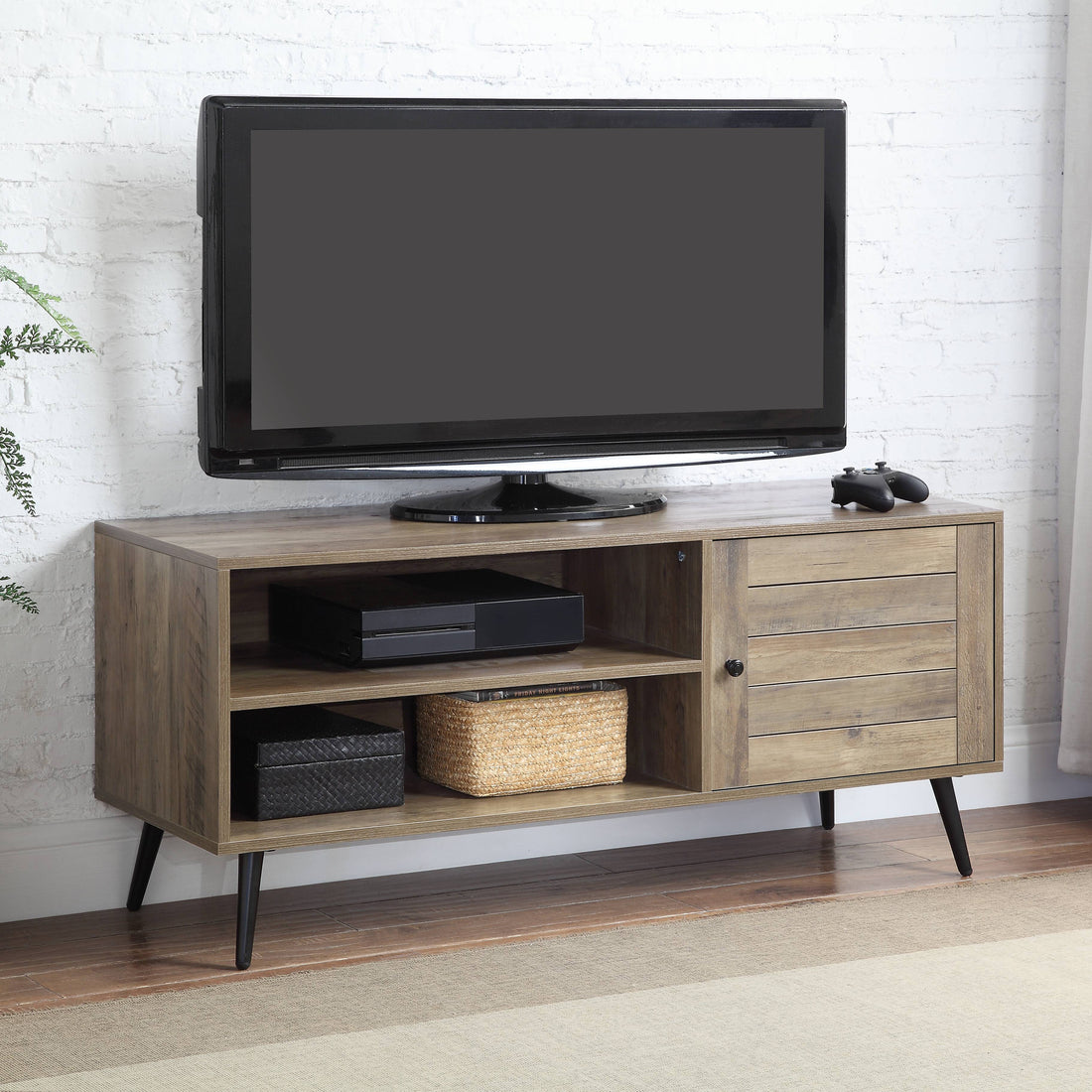 Rustic Oak And Black Tv Stand With Open Shelving Rustic Primary Living Space 40 49 Inches Modern Oak Wood Metal