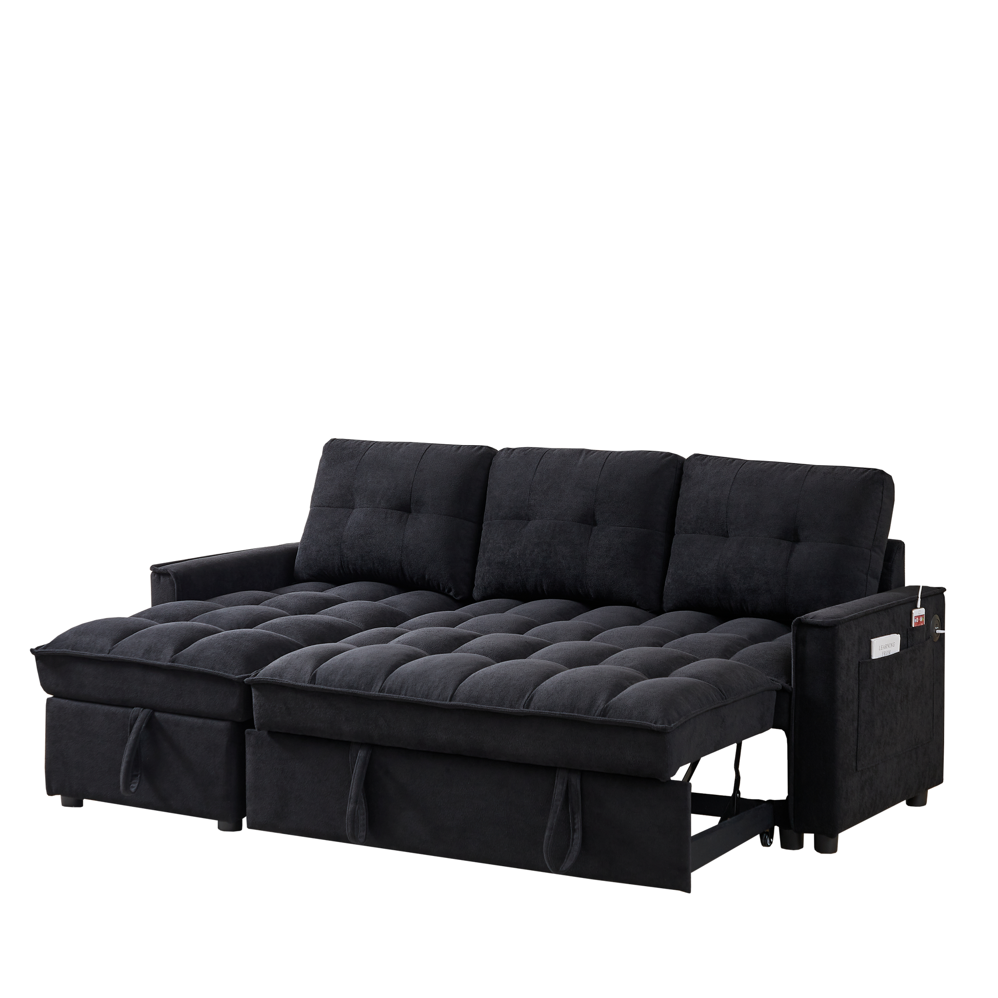 Mh 78.75" Reclining Sofa, Pull Out Sofa Bed With Usb And Tape C Charging Ports, L Shaped Sectional Sofa With Reclining Storage And Arm Side Organizer Pocket Features, Living Room Comfort Sofa Black Chenille Wood Primary Living Space Eucalyptus Foam