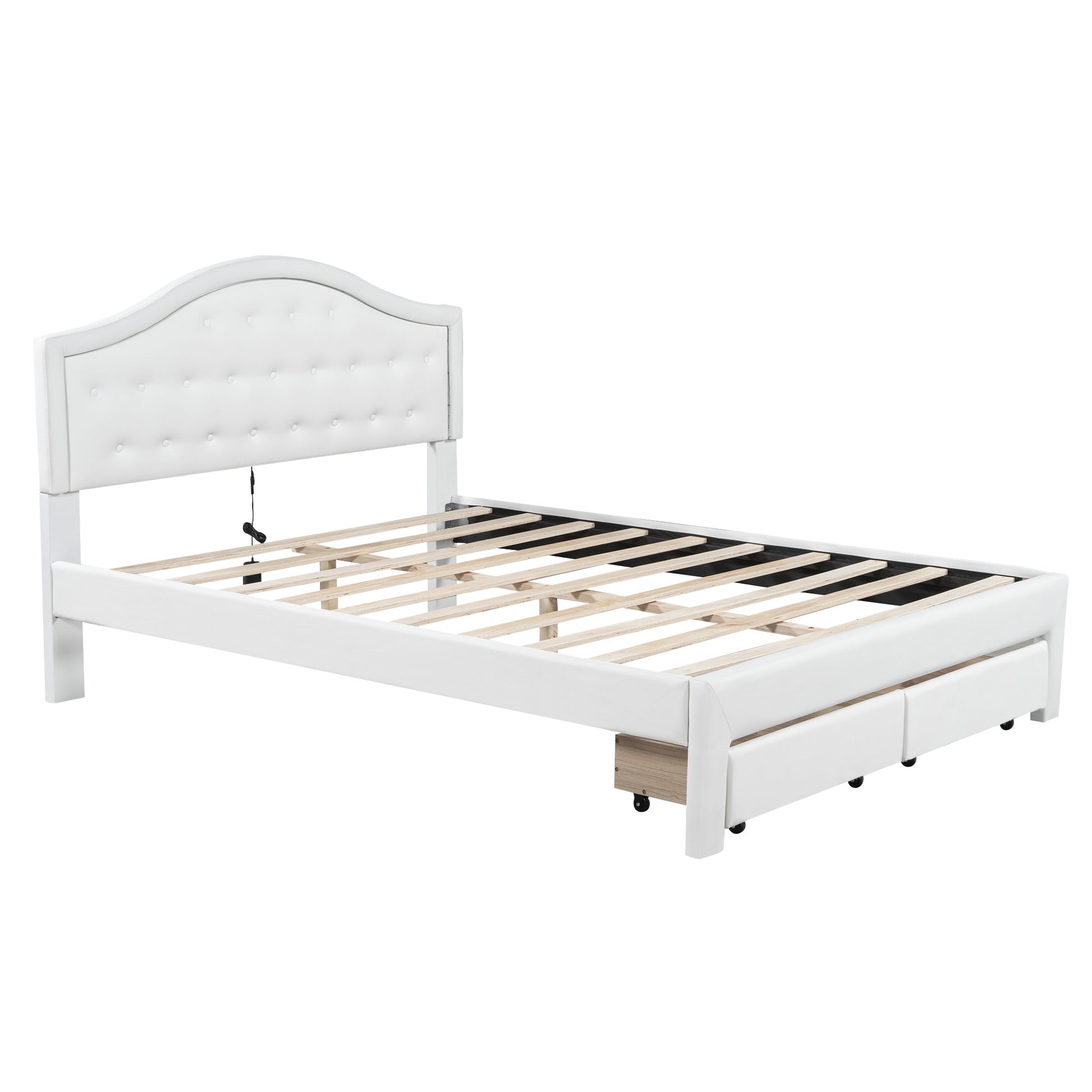 Queen Size Upholstered Platform Bed With Tufted Headboard, Led And 2 Drawers, White Box Spring Not Required Queen White Wood Bathroom Bed Frame Faux Leather Upholstered
