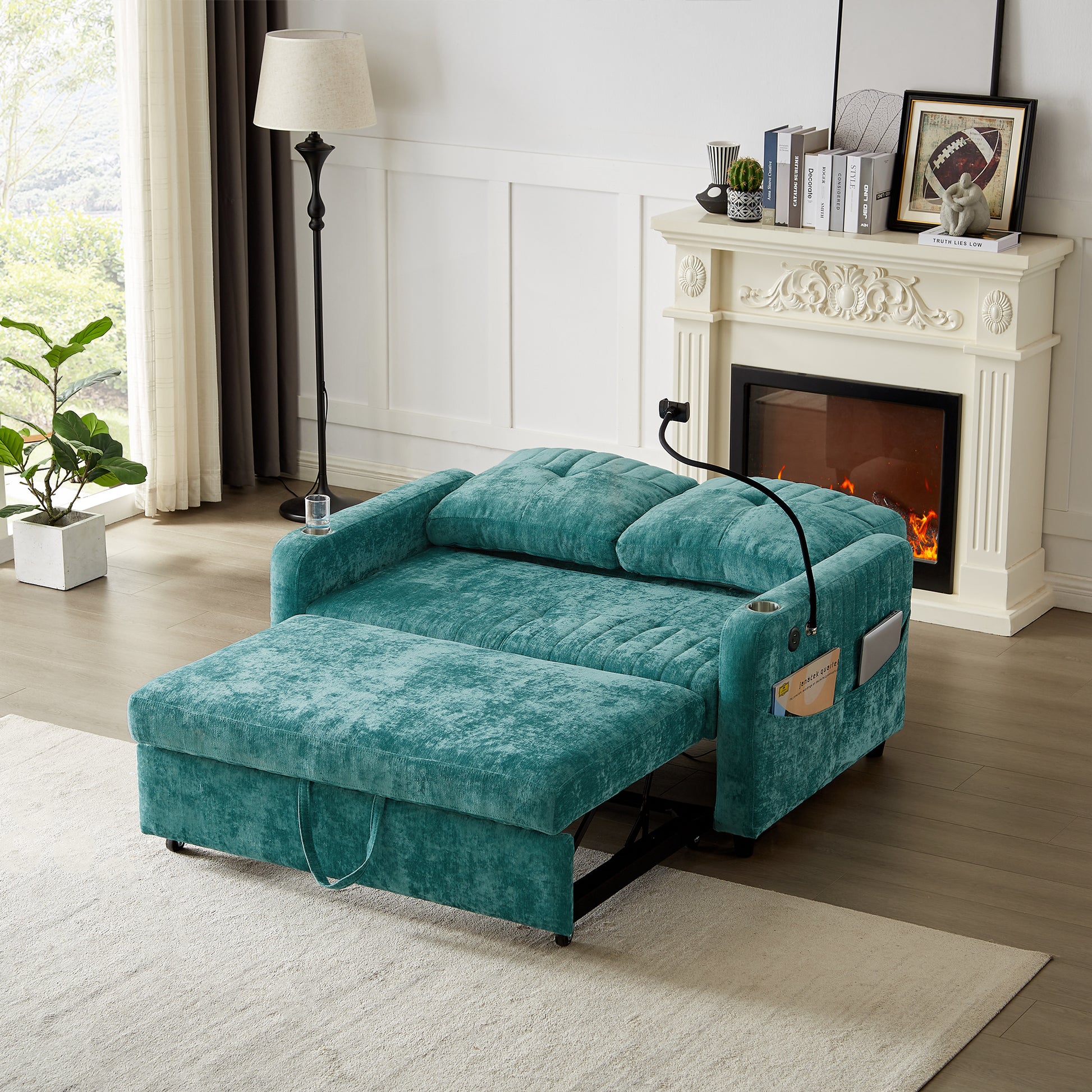 53.9" Modern Loveseat Pull Out Sofa Bed With Adjustable Backrest, Two Cup Holdersa Phone Holder, Three Charging Ports And Side Storage Pockets For Living Room, Teal Teal Foam Chenille