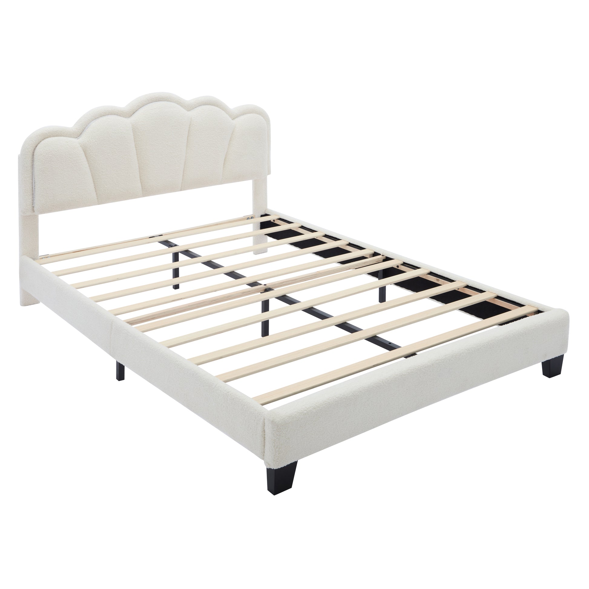 Full Size Upholstered Flower Shape Bed, Elegant Flowers Headboard With Led Light Strip, Sherpa Fabric Platform Bed With Wooden Slats Support, White Full White Wood