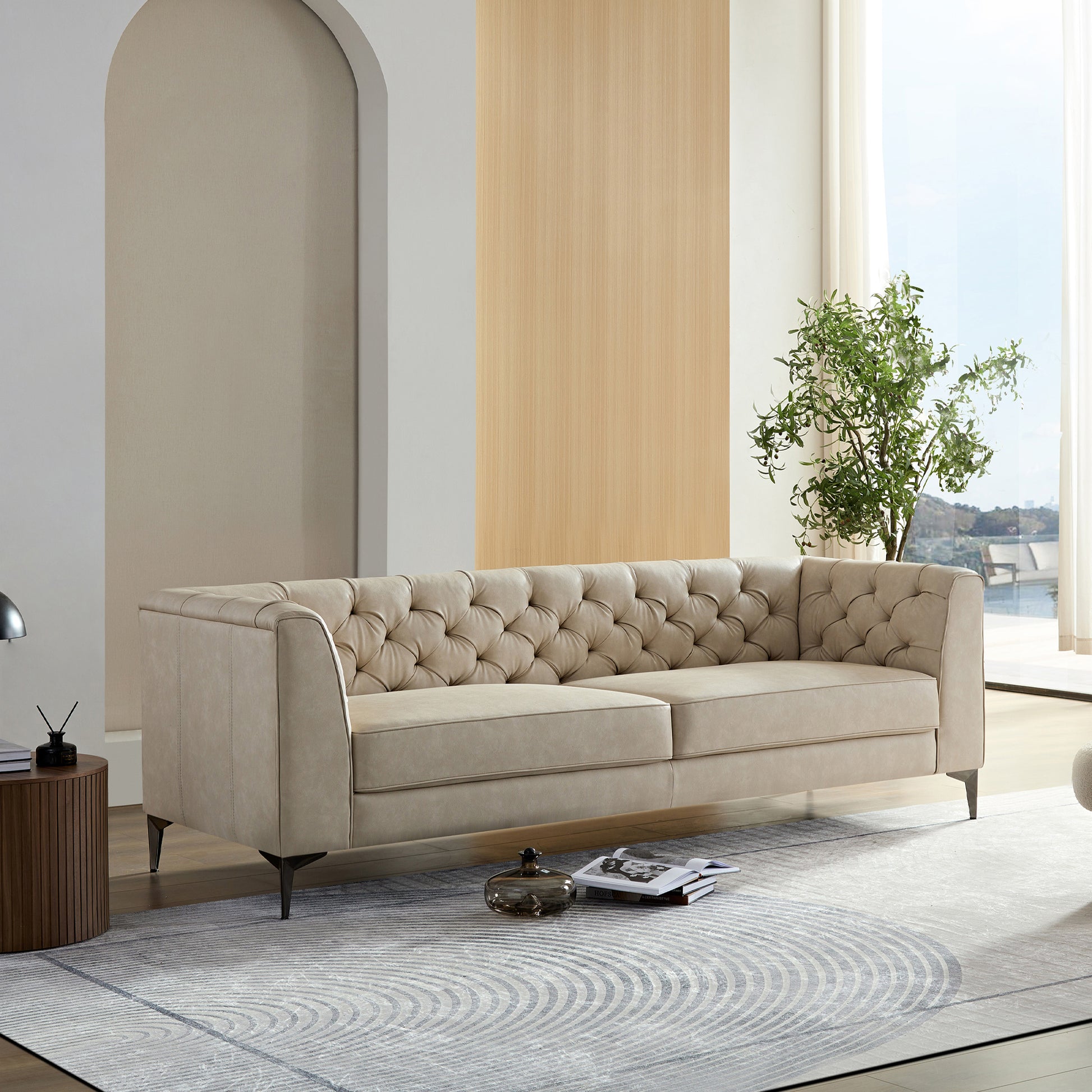 Wks5G Elegant Beige Leather Main Color, The Sofa Presents A Calm And Elegant Appearance Beige Leather 3 Seat