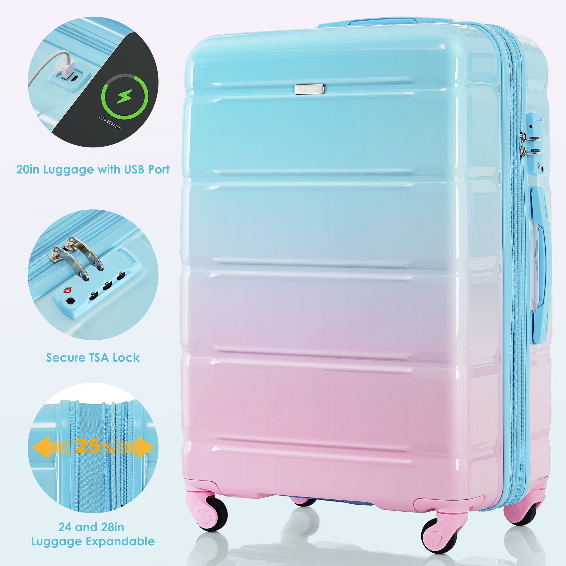 Luggage Set Of 3, 20 Inch With Usb Port, Airline Certified Carry On Luggage With Cup Holder, Abs Pc Hard Shell Luggage With Spinner Wheels, Light Blue Light Blue Abs Pc